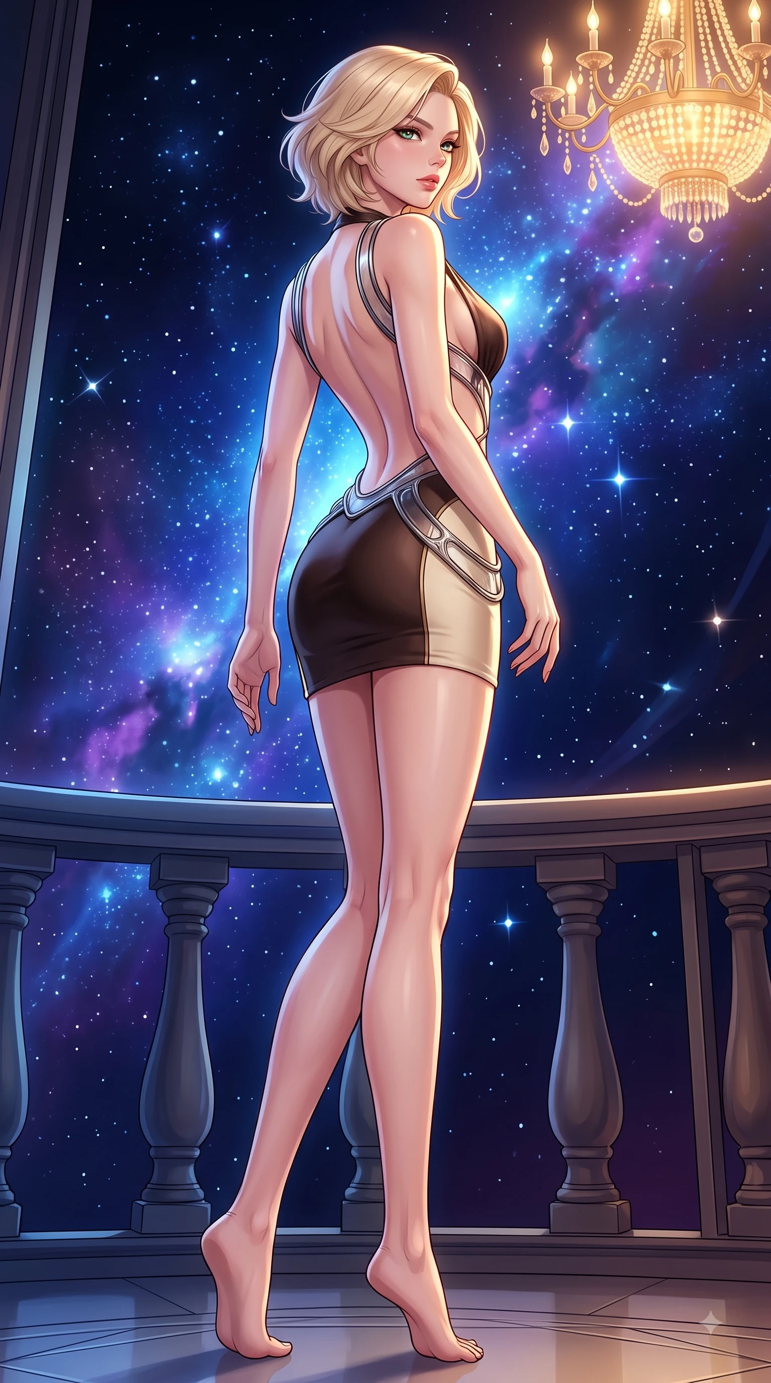 score_9, masterpiece, best quality, ultra-detailed, high-budget anime keyframe, editorial fashion photography, tasteful artistic composition, Caucasian woman. low angle full-body shot from head to toe showing her feet, filling the entire 9:16 vertical frame with her statuesque presence, stretching her vertical silhouette. forging dynamically through the scene with her long slender legs and ultra-slim waist creating a sweeping curve while pivoting dynamically on an opera balcony as deep space starlight illuminates her bare back, dramatic theatrical lighting emphasizing every curve of her athletic build. She has an absolutely perfect, statuesque 8.5-heads proportion, an exceptionally tall and slender model-like female figure with impossibly long slender legs and an ultra-slim waist. sharp v-shaped jawline, high-bridge nose, intricate jewel-like eyes with depth, thick eyelashes, glossy lips with a natural sheen, flawlessly proportioned anatomical accuracy, natural body alignment, perfectly sculpted elegant limbs, clean dynamic posture without body distortion. wearing a dramatic open-waist cutout mini dress framed by sculptural hardware in espresso brown and warm cream, formed from sleek second-skin neoprene, accented with a Tasteful chest slit framing her clavicle gracefully, the elegant draped fit framing her graceful clavicle and slender torso. illuminated by radiant cosmic nebula light and warm golden chandelier glow. highly saturated vibrant anime colors, detailed shading with soft gradients, rich glossy textures, high-contrast stereoscopic depth, volumetric dynamic lighting, master piece, 9:16 ratio