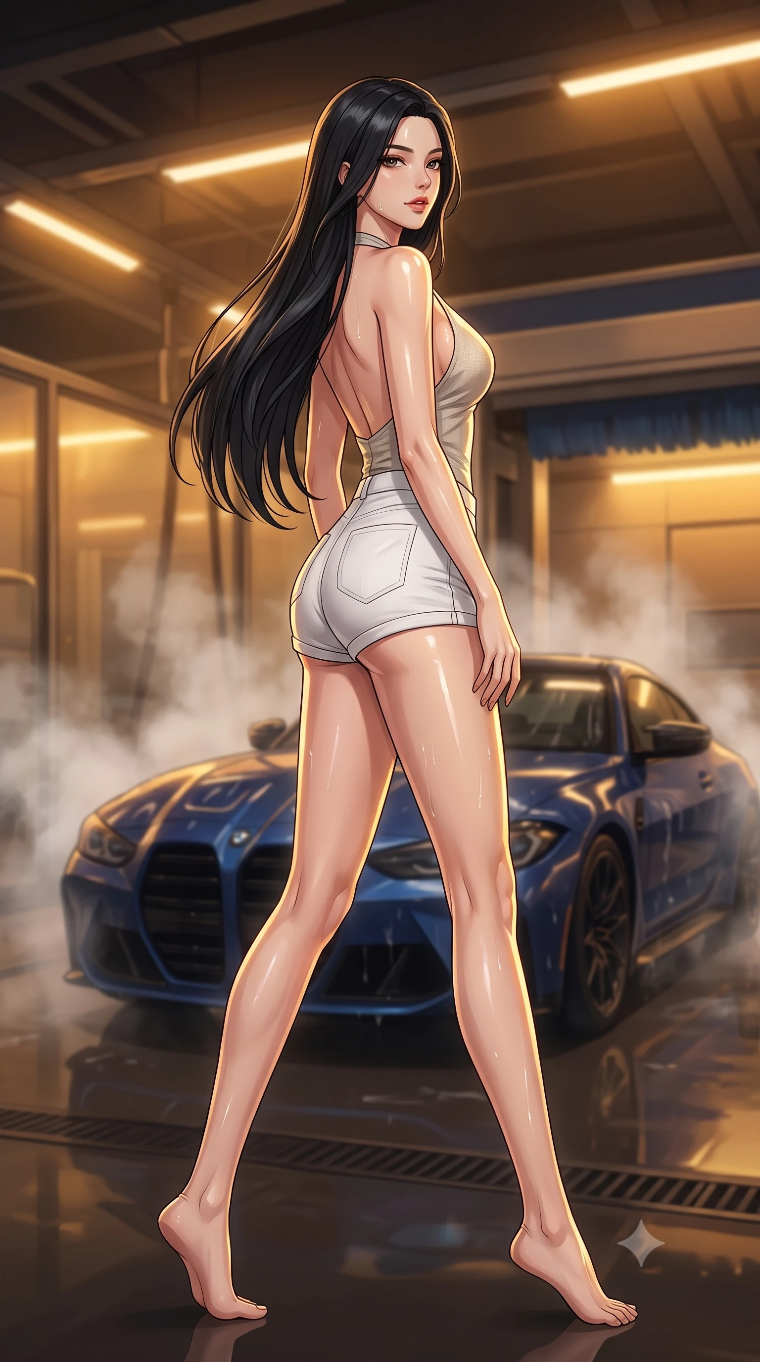 score_9, masterpiece, best quality, ultra-detailed, high-budget anime keyframe, tasteful artistic composition, Korean woman. low angle full-body shot from head to toe showing her feet, filling the entire 9:16 vertical frame with her statuesque presence, stretching her vertical silhouette. stepping gracefully while looking back over her shoulder, her dress draped tightly to reveal her silhouette the background shows a soft-focus an automated wash bay with steam rising softly around a dark blue sports car. She has an absolutely perfect, statuesque 8.5-heads proportion, an exceptionally tall and slender model-like female figure with impossibly long slender legs and an ultra-slim waist. sharp v-shaped jawline, high-bridge nose, intricate jewel-like eyes with depth, thick eyelashes, glossy lips with a natural sheen. wearing a slim-fit stylish linen halter top with an open-back design, paired with white micro-shorts. warm low-key amber lights highlighting the glossy steam and wet textures. highly saturated vibrant anime colors, cel-shading, 2d style, master piece, 9:16 ratio