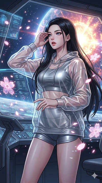score_9, masterpiece, best quality, ultra-detailed, high-budget anime movie keyframe, cinematic anime lighting, intricate line art, Korean woman. Upper body filling screen focusing on her alluring features and slim-fit silhouette. observing a superno