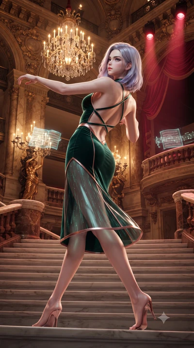 score_9, masterpiece, best quality, ultra-detailed, high-budget anime keyframe, editorial fashion photography, tasteful artistic composition, Caucasian woman. low angle full-body shot from head to toe showing her feet, filling the entire 9:16 vertica