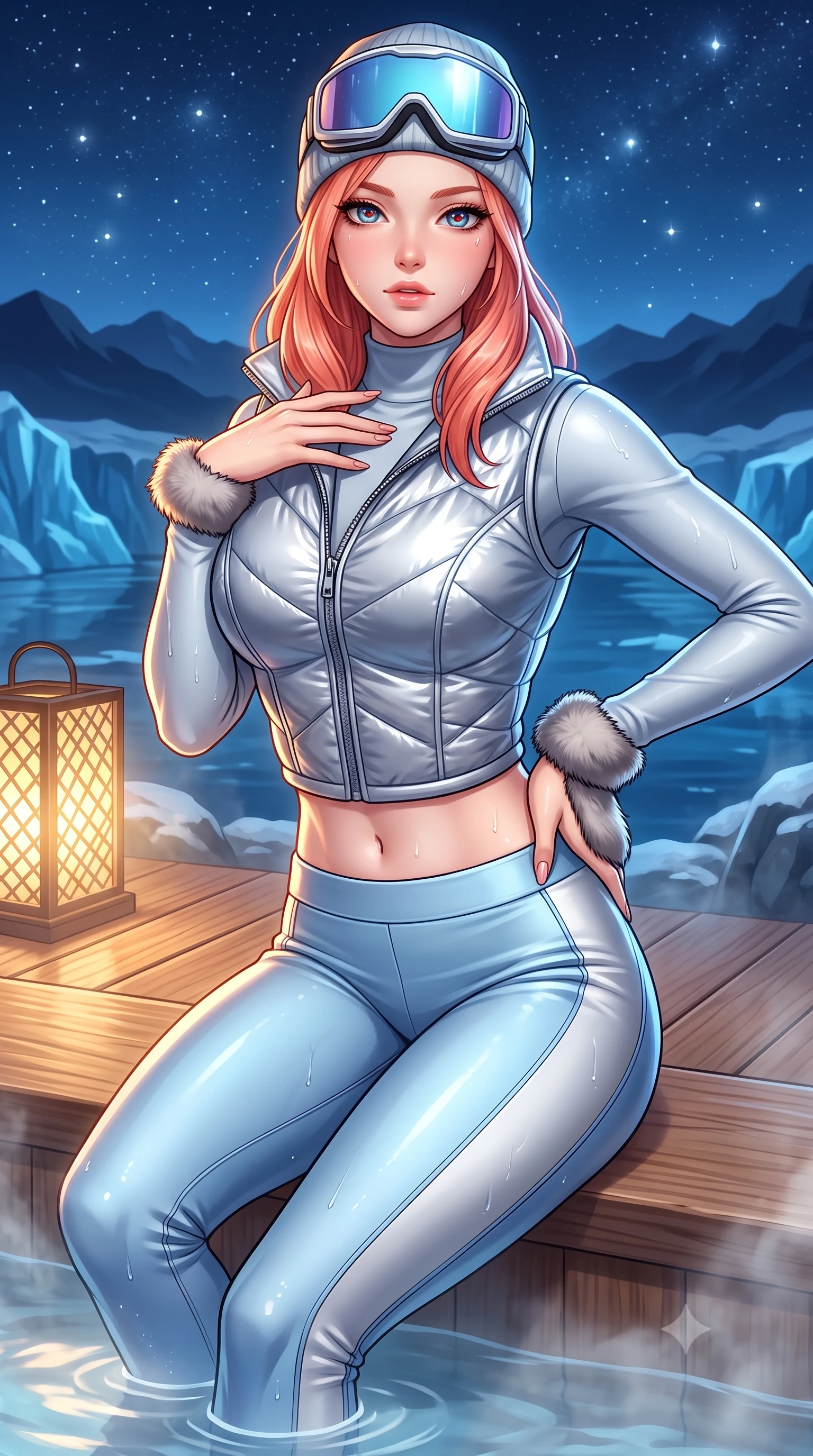 score_9, masterpiece, best quality, ultra-detailed, high-budget anime keyframe, semi-realistic 3D game render, editorial fashion photography, tasteful artistic composition, Japanese woman. close-up cowboy shot from the waist and thighs up, the character dominates the composition, filling the frame with her large presence. resting one manicured hand delicately on her bare collarbone, her upper body twisting in a fluid, voluptuous yet slender curve while sitting on the cedar edge of a steaming outdoor onsen overlooking blue midnight glaciers, one hand resting on her bare hip. The surrounding environment is rendered in vivid detail and crisp panoramic clarity. detailed mountain ridge silhouettes, glowing lantern lattice, and wet skin highlights in high clarity. She has an exceptionally elegant, slender, and willowy female figure with an ultra-slim waist, a gracefully sculpted slender torso, toned flat midriff, and a refined slim silhouette. sharp v-shaped jawline, high-bridge nose, intricate jewel-like eyes with depth, thick eyelashes, glossy parted lips with a natural sheen, intensely captivating and seductive expression, flawlessly proportioned anatomical accuracy, strict slender model proportions, natural body alignment, perfectly sculpted long slender limbs, ultra-slim waistline, clean dynamic posture without body distortion. wearing a metallic silver quilted corset puffer vest worn over a snug thermal mock-neck top and sleek ski stirrup pants in ice crystal blue and brushed platinum, tailored from ultra-sleek thermal stretch neoprene with satin sheen, accessorized with mirrored ice-glare goggles resting on her beanie and fur mittens, the liquid-tight tailored fabric emphasizing every curve of her tall, slender model proportions and sculptured silhouette during dynamic movement. surrounded by an intimate, tranquil, and deeply sensual mountain onsen muse aura. highly saturated vibrant anime colors, detailed shading with soft gradients, rich glossy textures, high-contrast stereoscopic depth, volumetric dynamic lighting, master piece, 9:16 ratio