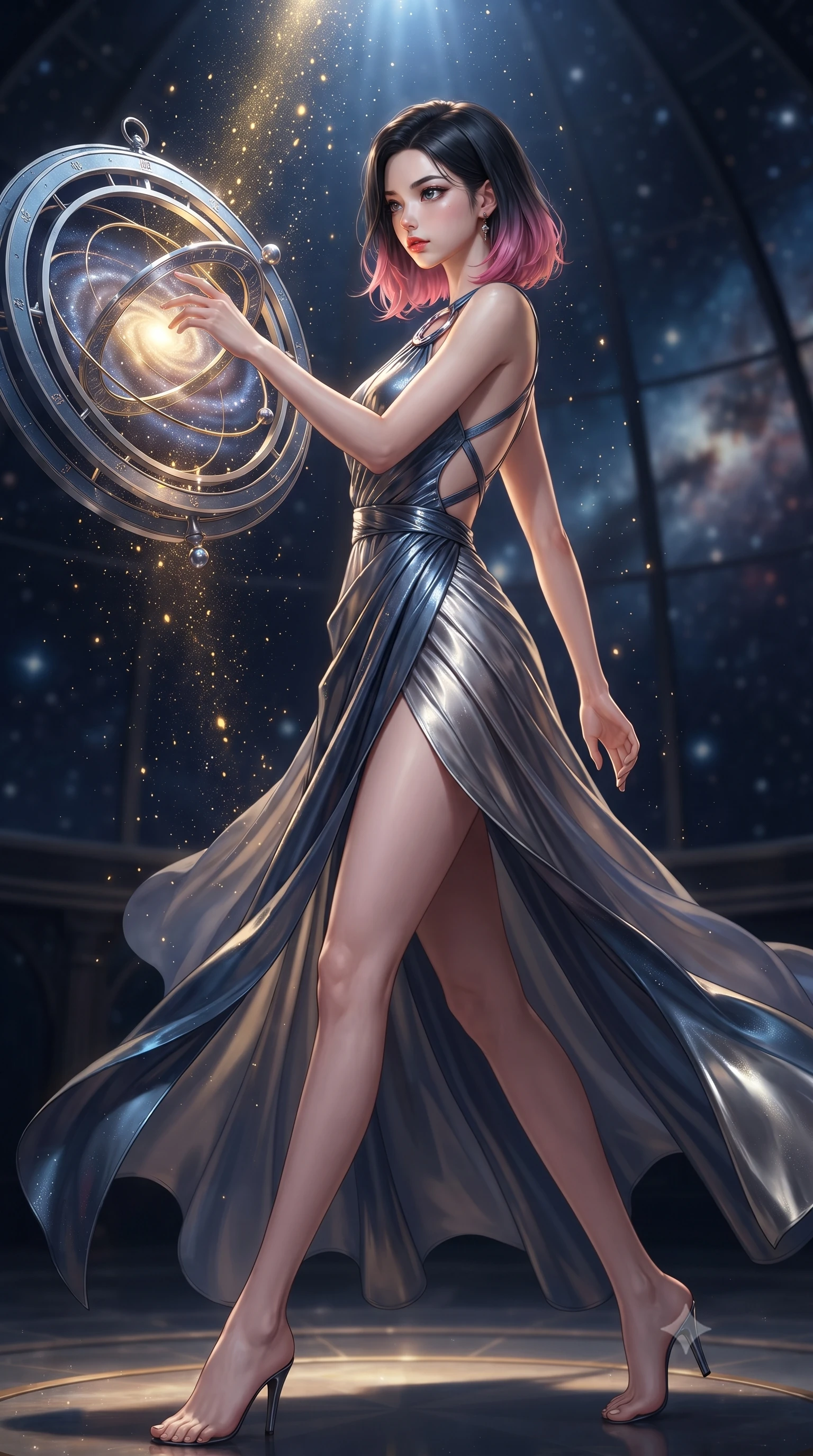 score_9, masterpiece, best quality, ultra-detailed, high-budget anime keyframe, editorial fashion photography, tasteful artistic composition, Korean woman. low angle full-body shot from head to toe showing her feet, filling the entire 9:16 vertical frame with her statuesque presence, stretching her vertical silhouette. forging dynamically through the scene, her vertical silhouette beautifully stretched adjusting a luminous planetary orbital dial filled with galaxy dust, starlight particles falling like a golden shower around her. She has an absolutely perfect, statuesque 8.5-heads proportion, an exceptionally tall and slender model-like female figure with impossibly long slender legs and an ultra-slim waist. sharp v-shaped jawline, high-bridge nose, intricate jewel-like eyes with depth, thick eyelashes, glossy lips with a natural sheen. wearing an asymmetrical Grecian draped chiffon gown with a metallic shoulder ring in slate blue and metallic silver, tailored from high-gloss patent leather, complemented by criss-cross back straps highlighting her bare shoulders, the sleek second-skin texture accentuating her magnetic presence. illuminated by brilliant starlight and warm golden inner glow from the astrolabe. highly saturated vibrant anime colors, detailed shading with soft gradients, rich glossy textures, high-contrast stereoscopic depth, volumetric dynamic lighting, master piece, 9:16 ratio