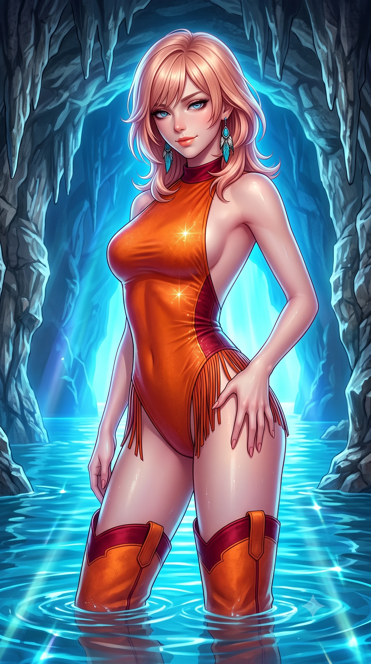 score_9, masterpiece, best quality, ultra-detailed, high-budget anime keyframe, semi-realistic 3D game render, editorial fashion photography, tasteful artistic composition, Japanese woman. close-up cowboy shot from the waist and thighs up, the character dominates the composition, filling the frame with her large presence. tilting her head with a teasing half-smile, running one hand slowly down the side of her hip in a flirtatious S-curve as ambient light caresses her silhouette while standing in waist-deep glowing azure water with hips cocked back, looking into the lens with hypnotic, heavy-lidded bedroom-eyes. The surrounding environment is rendered in vivid detail and crisp panoramic clarity: sharp limestone cave wall texture, water surface meniscus clarity, and glowing underwater light beam refraction in deep focus. She has an exceptionally elegant, slender, and willowy female figure with an ultra-slim waist, flat toned midriff, narrow ribcage, and sculpted feminine hips creating an alluring, slim hourglass silhouette without bulk. sharp v-shaped jawline, high-bridge nose, sparkling eyes with hypnotic seductive depth, thick curled eyelashes, glossy parted lips with a natural dewy peach sheen, alluring bedroom-eyes with an enchanting coquettish smile, exuding magnetic siren charisma and sophisticated glamour, flawlessly proportioned anatomical accuracy, strict slender model proportions, natural body alignment, perfectly sculpted long slender limbs, ultra-slim waistline, clean dynamic posture without body distortion. wearing a slinky backless halterneck suede leotard with fringe accents along the side hips and thigh-high cowboy boots in blazing desert sunset orange and deep canyon crimson, woven from stretch metallic lurex jersey casting radiant starlight glints across her silhouette, accented with turquoise and silver bohemian feather earrings swaying near her bare neck, the form-contouring silhouette accentuating her sculpted flat midriff, narrow delicate ribcage, and gracefully curvy hips with intoxicating allure. bathed in ethereal glowing cobalt-and-cyan light radiating upward through the submerged cave opening. highly saturated vibrant anime colors, detailed shading with soft gradients, rich glossy textures, high-contrast stereoscopic depth, volumetric dynamic lighting, master piece, 9:16 ratio