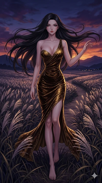 score_9, masterpiece, best quality, ultra-detailed, High-budget Anime Keyframe, East Asian woman. Dynamic full-body shot stretching the vertical silhouette to the limit. Scenario 188: Walking through a field of tall silver grass at twilight. Her pres