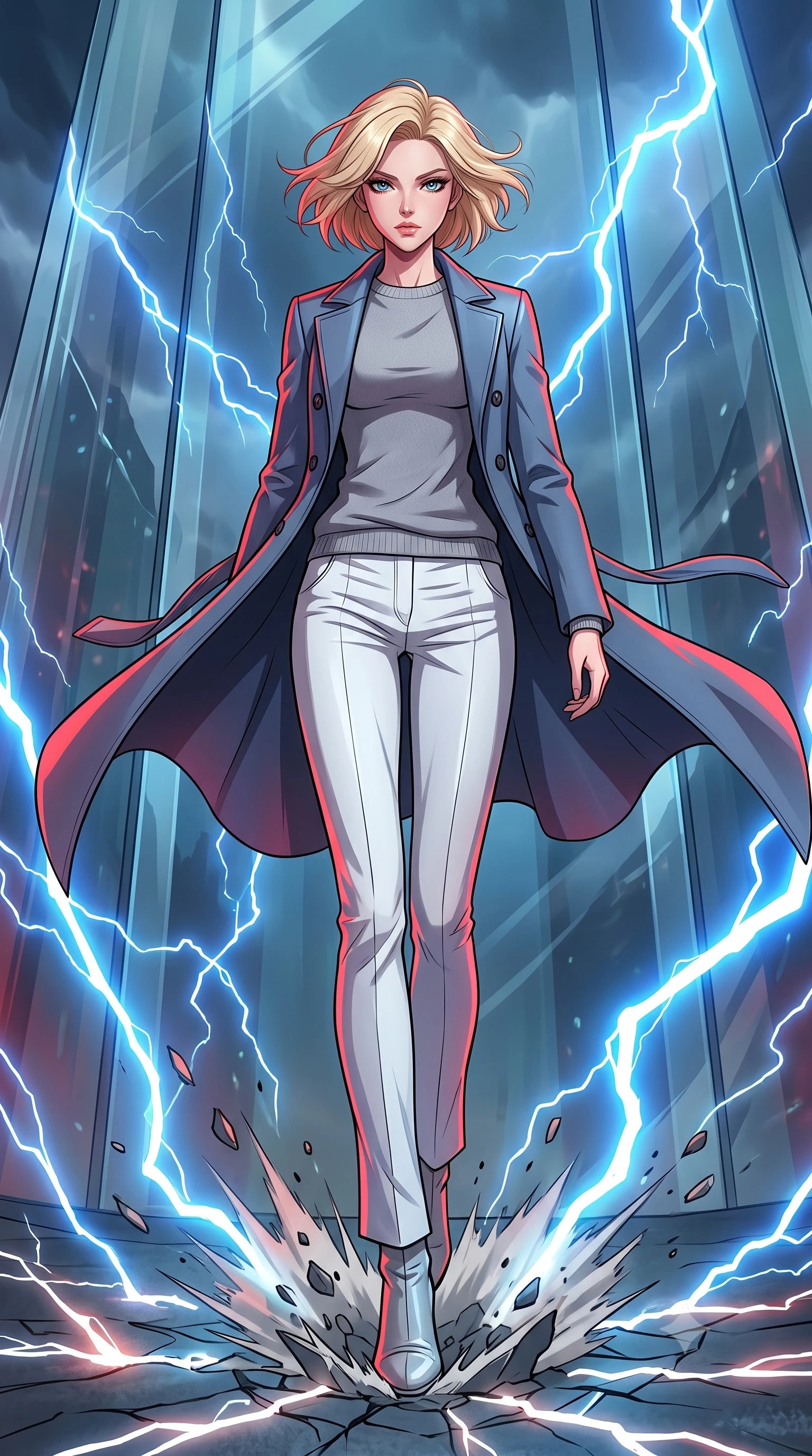 score_9, masterpiece, best quality, ultra-detailed, high-budget anime keyframe, clean line-art, cel-shading, Caucasian woman, strictly human ears. low angle full-body shot from head to toe showing her feet, filling the entire 9:16 vertical frame with her statuesque presence, stretching her vertical silhouette. descending rapidly from above, her boots crushing the ground with impactful force within translucent glass cliffs during a violent thunderstorm, arcs of blue lightning striking the ground and leaving white-hot scars. She has a statuesque 8.5-heads proportion, an exceptionally tall, slender and willowy model-like build with impossibly long legs and a highly sculpted ultra-slim waist. sharp v-shaped jawline, high-bridge nose, intricate jewel-like eyes with depth, thick eyelashes, glossy lips with a natural sheen. wearing the lightweight fabric rippling and billowing dramatically with her movement, a tailored structured double-breasted coat in slate blue over a soft grey cashmere sweater and white slim trousers. deep crimson theatrical lighting with sharp specular highlights on every curve. highly saturated vibrant anime colors, intense vivid color palette, volumetric dynamic lighting, 2k, ultra detail, master piece, 9:16 ratio