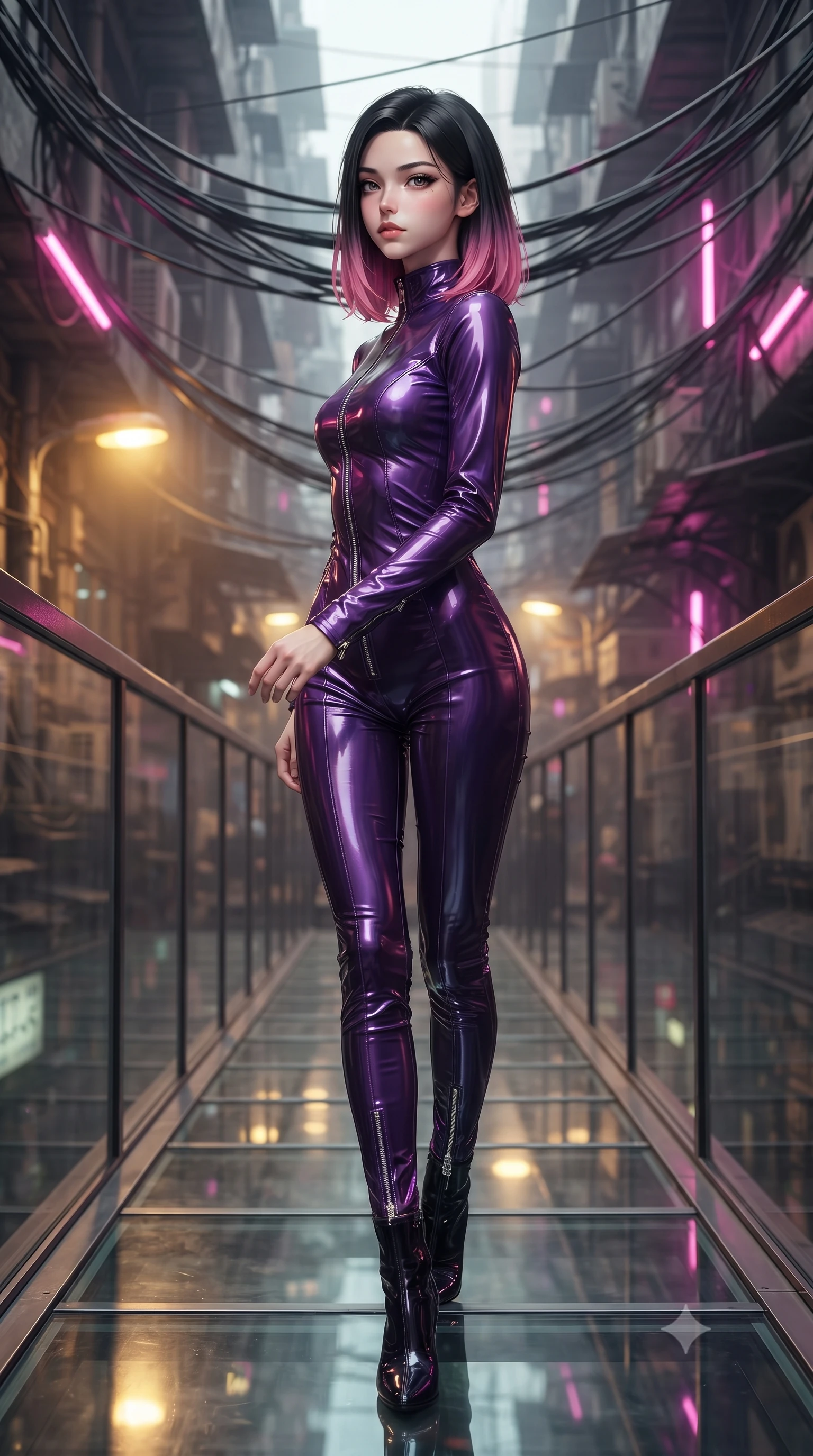score_9, masterpiece, best quality, ultra-detailed, high-budget anime keyframe, editorial fashion photography, tasteful artistic composition, Korean woman. low angle full-body shot from head to toe showing her feet, filling the entire 9:16 vertical frame with her statuesque presence, stretching her vertical silhouette. walking slowly along a glass skybridge, looking back over her shoulder with an air of effortless grace, the background shows a soft-focus a narrow cyber-bazaar alleyway under a dense canopy of hanging cables and wires. She has an absolutely perfect, statuesque 8.5-heads proportion, an exceptionally tall and slender model-like female figure with impossibly long slender legs and an ultra-slim waist. sharp v-shaped jawline, high-bridge nose, intricate jewel-like eyes with depth, thick eyelashes, glossy lips with a natural sheen. wearing a form-contouring form-contouring pilot flight suit in deep purple liquid vinyl, featuring a snug mock-neck and chrome zippers. warm sodium yellow streetlamps contrasting with sharp electric pink accents. ultra-reflective glossy finish, specular highlights, metallic sheen, high-contrast stereoscopic depth, volumetric dynamic lighting, 2k, ultra detail, master piece, 9:16 ratio