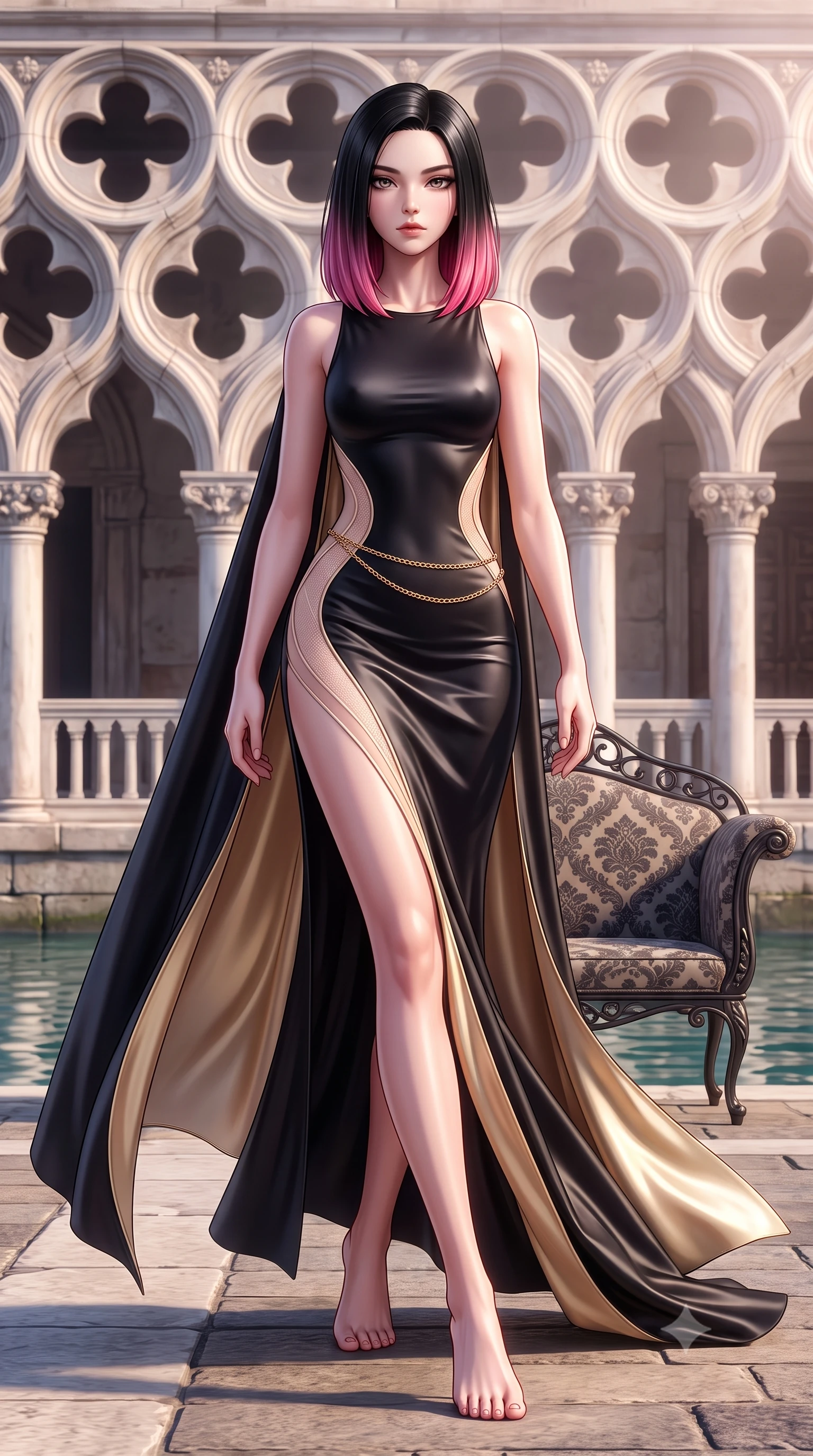 score_9, masterpiece, best quality, ultra-detailed, high-budget anime keyframe, semi-realistic 3D game render, editorial fashion photography, tasteful artistic composition, Korean woman. low angle full-body shot from head to toe showing her feet, filling the entire 9:16 vertical frame with her statuesque presence, stretching her vertical silhouette. striding forward in a proud supermodel runway stride, hips swaying in an alluring kinetic rhythm that accentuates her curvy hourglass silhouette while lounging languidly across a damask-upholstered wrought-iron settee, her flat midriff and feminine hips bathed in soft Venetian dawn light. The surrounding environment is rendered in vivid detail and crisp panoramic clarity. sharp carved gothic cloverleaf stonework, canal water surface tension, and palazzo stucco texture in deep focus. She has an exceptionally tall and slender model-like 8.5-heads proportion, an ultra-slim waist, a flat toned midriff, narrow delicate ribcage, and beautifully sculpted feminine hips creating a graceful, slim hourglass silhouette without any bulky heaviness, with impossibly long slender legs. sharp v-shaped jawline, high-bridge nose, intricate jewel-like eyes with depth, thick eyelashes, glossy parted lips with a natural sheen, intensely captivating and seductive bedroom-eyes expression, flawlessly proportioned anatomical accuracy, strict slender model proportions, natural body alignment, perfectly sculpted long slender limbs, ultra-slim waistline, clean dynamic posture without body distortion. wearing a second-skin black silk jersey maxi dress with asymmetrical sheer mesh side panels tracing the full curve of her hip in vintage champagne ivory and delicate rose gold, tailored from ultra-smooth duchess satin with a pearlescent sheen, accented with a delicate gold chain belt resting loosely on her curvy hips, the glove-like aerodynamic silhouette tightly following the natural contour of her hips and long slender legs with statuesque 8.5-heads elegance. illuminated by soft specular water glints carving her razor-sharp jawline, narrow waist, and curvy hips. highly saturated vibrant anime colors, detailed shading with soft gradients, rich glossy textures, high-contrast stereoscopic depth, volumetric dynamic lighting, master piece, 9:16 ratio