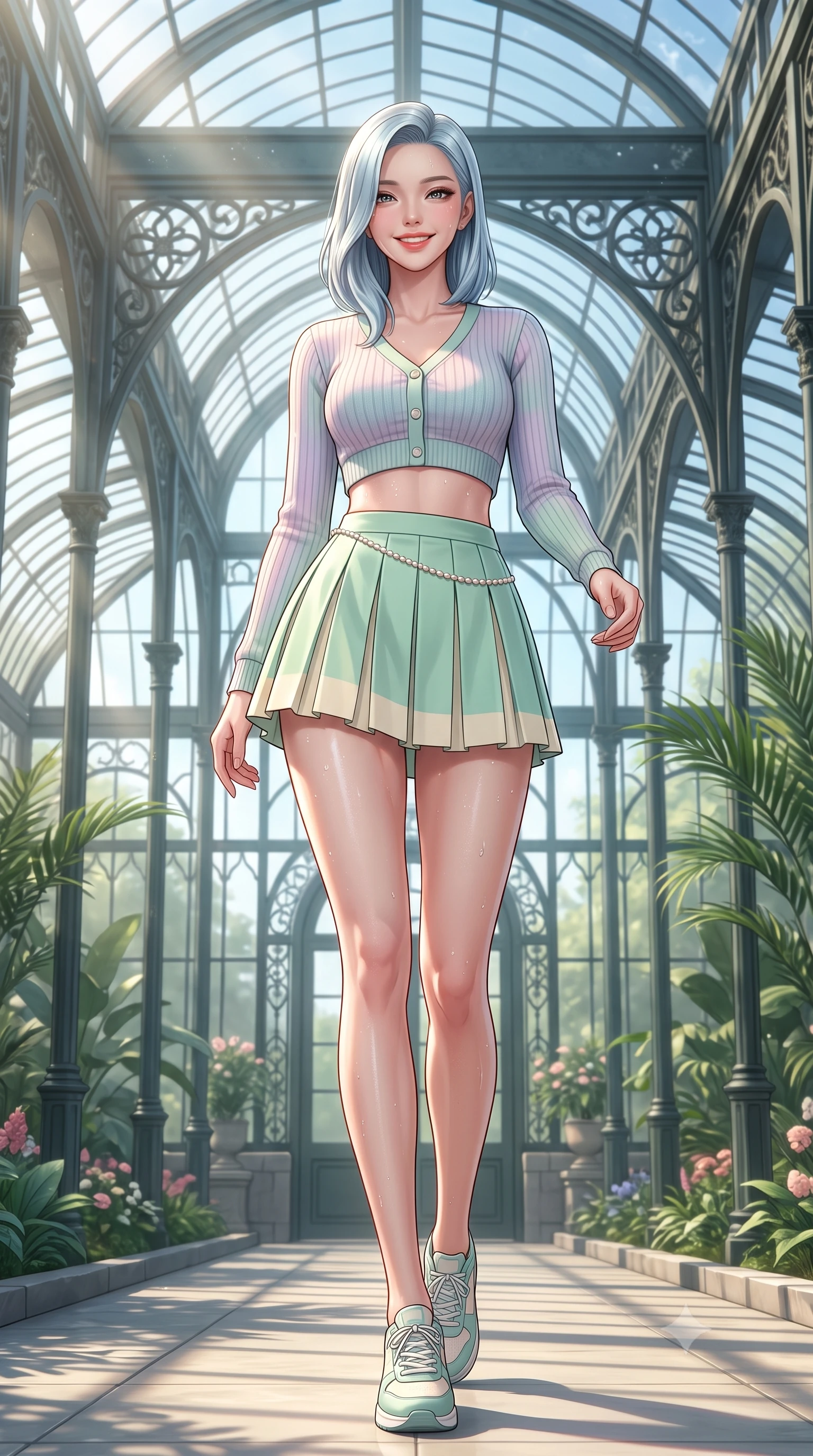 score_9, masterpiece, best quality, ultra-detailed, high-budget anime keyframe, semi-realistic 3D game render, editorial fashion photography, tasteful artistic composition, Korean woman. low angle full-body shot from head to toe showing her feet, filling the entire 9:16 vertical frame with her statuesque presence, stretching her vertical silhouette. stepping forward gracefully in mid-motion with a radiant beaming smile, hips swaying in an alluring kinetic rhythm that accentuates her curvy hourglass silhouette and long slender legs while sitting on a vintage white wrought-iron bench beneath soaring Victorian glass arches, arching her lower back with a bright, teasing cute smile. The surrounding environment is rendered in vivid detail and crisp panoramic clarity. detailed dress weave, moisture beads on skin, and Victorian glasshouse architecture in high clarity. She has an exceptionally tall and slender model-like 8.5-heads proportion, an ultra-slim waist, a flat toned midriff, narrow delicate ribcage, and beautifully sculpted feminine hips creating a graceful, slim hourglass silhouette without any bulky heaviness, with impossibly long slender legs. sharp v-shaped jawline, high-bridge nose, intricate jewel-like sparkling eyes with depth, thick eyelashes, glossy parted lips with a natural peach sheen, bright cheerful beaming smile with an enchanting and coquettish sensual glint, exuding both youthful cute charm and seductive allure, flawlessly proportioned anatomical accuracy, strict slender model proportions, natural body alignment, perfectly sculpted long slender limbs, ultra-slim waistline, clean dynamic posture without body distortion. wearing a cropped pastel ribbed knit cardigan paired with an ultra-short high-waisted pleated tennis skirt clinging tightly to her curvy hips in refreshing mint green and soft vanilla cream, crafted from liquid-tight stretch jersey emphasizing every curve, accented with a dainty pearl waist chain catching the ambient sunlight, the glove-like silhouette tightly following the natural contour of her hips and long slender legs with youthful 8.5-heads elegance. illuminated by sparkling pool water caustics sharply sculpting her razor-sharp jawline, narrow waist, and curvy hips. highly saturated vibrant anime colors, detailed shading with soft gradients, rich glossy textures, high-contrast stereoscopic depth, volumetric dynamic lighting, master piece, 9:16 ratio