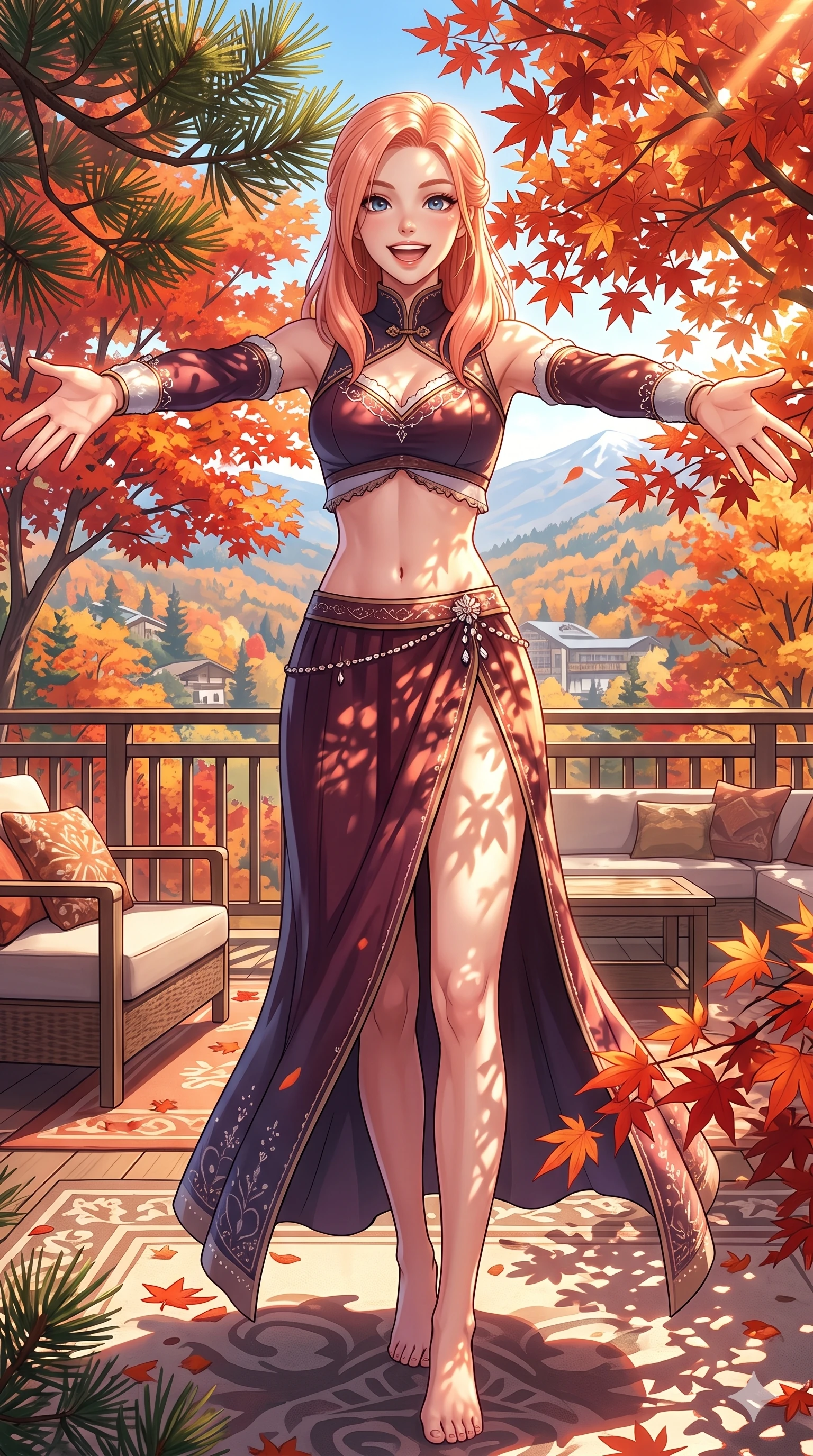 score_9, masterpiece, best quality, ultra-detailed, high-budget anime keyframe, vibrant anime aesthetic, Japanese woman. cowboy shot from the thighs up, character and outfit filling the frame for maximum presence. She is posing with a joyful, energetic winter smile, stretching her arms out playfully on a hotel suite terrace with autumn maples (Code-P21-108). She has an absolutely perfect 8-heads proportion, an exceptionally tall and slender female figure with impossibly long slender legs and an ultra-slim waist. V-shaped jawline, high-bridge nose, intricate jewel-like eyes with depth, thick eyelashes, glossy lips with a natural sheen. wearing a fusion top with exposed waist and high-slit skirt in winter. She is drenched in brilliant afternoon winter sunshine, casting patterns of pine leaves over her. 2k, ultra detail, master piece, 9:16 ratio