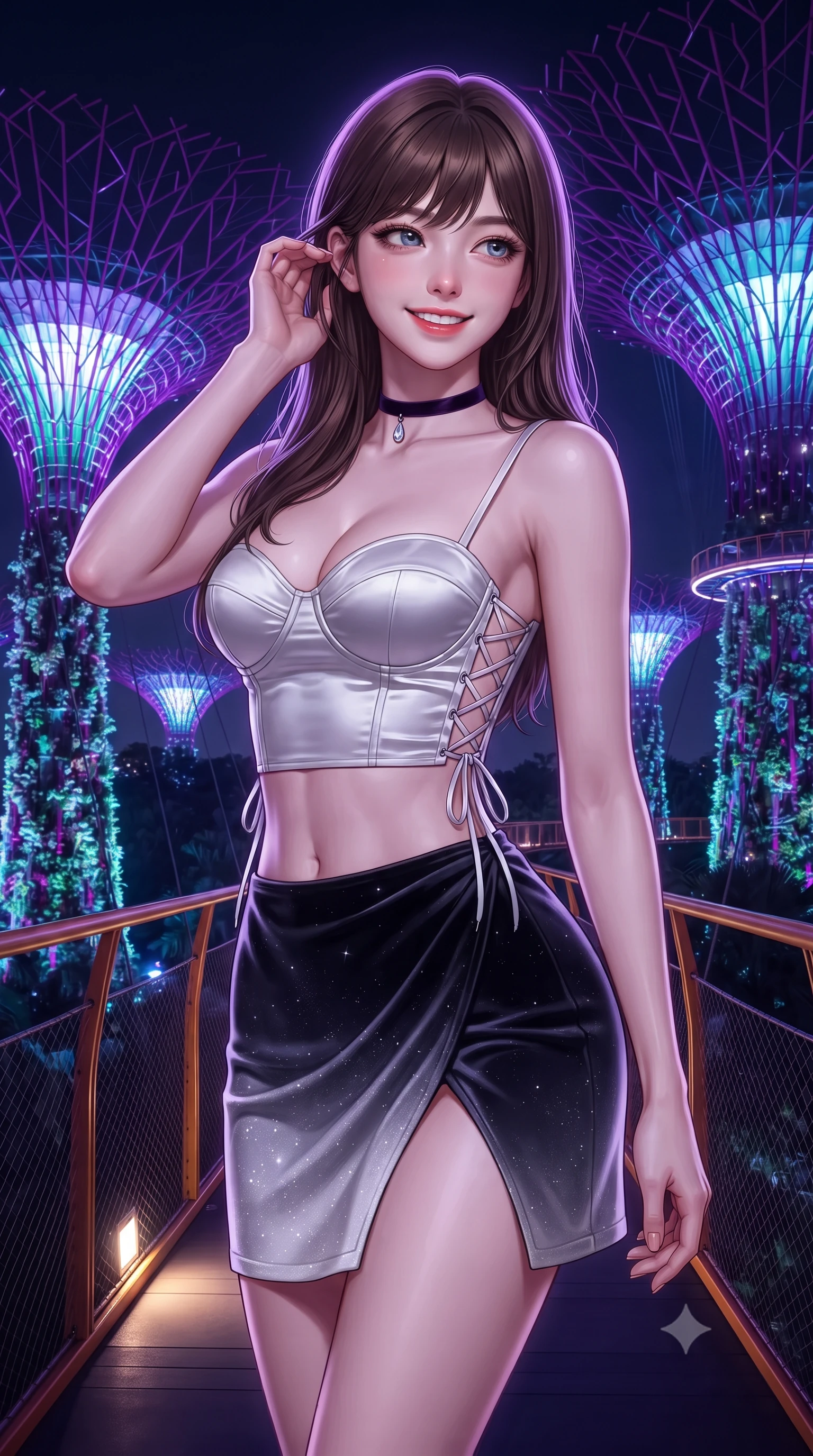 score_9, masterpiece, best quality, ultra-detailed, high-budget anime keyframe, editorial fashion photography, tasteful artistic composition, Korean woman. close-up cowboy shot from the waist and thighs up, the character dominates the composition, filling the frame with her large presence. gently brushing a lock of hair behind her ear while casting a playful, flirtatious side-gaze with long eyelashes while standing poised on the suspended aerial walkway 50 feet up between the colossal illuminated Supertrees, arching her lower back with cyber-goddess grace as neon light ribbons pulse. The surrounding environment is rendered in vivid detail and crisp panoramic clarity: detailed garment cut, fabric cling, and bio-futuristic engineering in high resolution. She has an exceptionally elegant, slender, and willowy female figure with an ultra-slim waist, flat toned midriff, narrow ribcage, and sculpted feminine hips creating an alluring, slim hourglass silhouette without bulk. sharp v-shaped jawline, high-bridge nose, intricate jewel-like sparkling eyes with depth, thick eyelashes, glossy parted lips with a natural peach sheen, bright cheerful beaming smile with an enchanting and coquettish sensual glint, exuding both youthful cute charm and seductive allure, flawlessly proportioned anatomical accuracy, strict slender model proportions, natural body alignment, perfectly sculpted long slender limbs, ultra-slim waistline, clean dynamic posture without body distortion. wearing a sculpted satin underwire crop bustier with lace-up side ties paired with a micro skirt in Joshua Tree Mojave obsidian and starlight platinum, tailored from ultra-plush silk velvet with rich tactile depth and deep shadow gradients, finished with a thin velvet ribbon choker and a single teardrop diamond pendant, the high-slit wrap tailoring accentuating her ultra-slim waistline and the enchanting curve of her feminine hips with alluring seductive charm. bathed in the saturated violet-and-cyan 4000K luminescence of Supertree LED light shows mixed with warm skyway pathway glows. ultra-reflective glossy finish, specular highlights, rich textural contrasts, high-contrast stereoscopic depth, volumetric dynamic lighting, 2k, ultra detail, master piece, 9:16 ratio