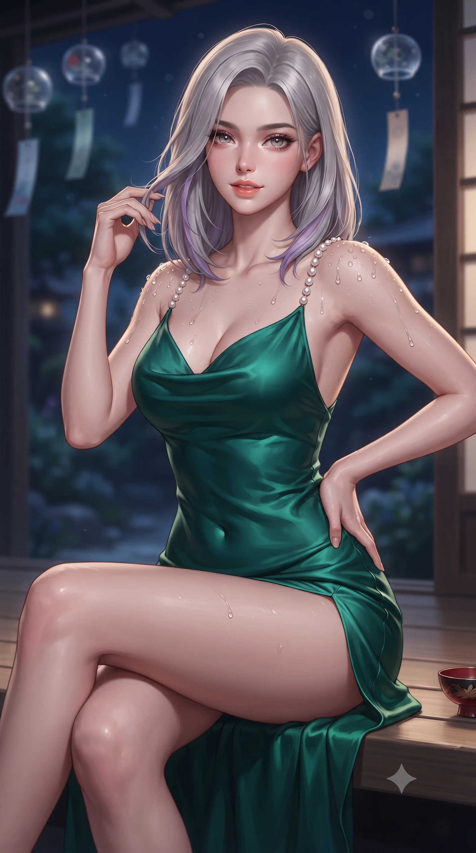 score_9, masterpiece, best quality, ultra-detailed, high-budget anime keyframe, editorial fashion photography, tasteful artistic composition, Caucasian woman. close-up cowboy shot from the waist and thighs up, the character dominates the composition, filling the frame with her large presence. twisting her slender torso in an alluring contrapposto stance, one hand resting on her sculpted hip while her fingers toy with her hair with effortless poise while sitting perched on the engawa bench with one knee drawn up, holding a lacquered sake cup with an enchanting, parted-lip smile. The background shows a soft-focus wind-chimes hanging from eaves softened in serene nocturnal panoramic shallow focus. She has an exceptionally elegant, slender, and willowy female figure with an ultra-slim waist, flat toned midriff, narrow ribcage, and sculpted feminine hips creating an alluring, slim hourglass silhouette without bulk. sharp v-shaped jawline, high-bridge nose, sparkling eyes with hypnotic seductive depth, thick curled eyelashes, glossy parted lips with a natural dewy peach sheen, alluring bedroom-eyes with an enchanting coquettish smile, exuding magnetic siren charisma and sophisticated glamour, flawlessly proportioned anatomical accuracy, strict slender model proportions, natural body alignment, perfectly sculpted long slender limbs, ultra-slim waistline, clean dynamic posture without body distortion. wearing a plunging cowl-neck liquid silk satin sarong slip dress with daring hip-high double slits and pearl shoulder straps in Monaco casino emerald and royal champagne, crafted from fluid liquid silk satin that clings smoothly to every curve with a dewy sheen, finished with glistening drops of hot spring or lagoon water beading across her sculpted shoulders and collarbones, the second-skin tailored fabric adhering flawlessly to her sculpted flat midriff and slender torso, emphasizing her long leg lines and perfectly proportioned willowy build. illuminated by polished cedar reflection bounce and sharp platinum-gold rim lights sculpting her razor-sharp jawline, narrow waist, and curvy hips. ultra-reflective glossy finish, specular highlights, rich textural contrasts, high-contrast stereoscopic depth, volumetric dynamic lighting, 2k, ultra detail, master piece, 9:16 ratio