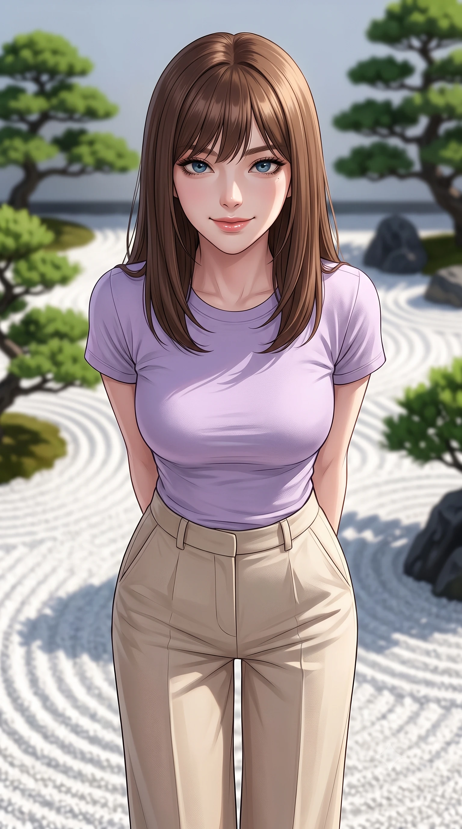 score_9, masterpiece, best quality, ultra-detailed, high-budget anime keyframe, editorial fashion photography, tasteful artistic composition, Korean woman woman. close-up cowboy shot from the waist and thighs up, the character dominates the composition, filling the frame with her large presence, background elements kept in soft focus. leaning slightly forward with a playful, teasing smile, her gaze locked onto the viewer the background shows a soft-focus a white raked gravel courtyard with structured green bonsai trees and dark stones. She has an exceptionally elegant, slender, and willowy female figure with an ultra-slim waist, a gracefully sculpted slender torso, and a refined silhouette. sharp v-shaped jawline, high-bridge nose, intricate jewel-like eyes with depth, thick eyelashes, glossy lips with a natural sheen. wearing a slim-fit simple lavender cotton tee paired with high-waisted beige wide-leg pants. crisp morning sunlight casting sharp, clean shadows across the gravel patterns. 2k, ultra detail, master piece, 9:16 ratio