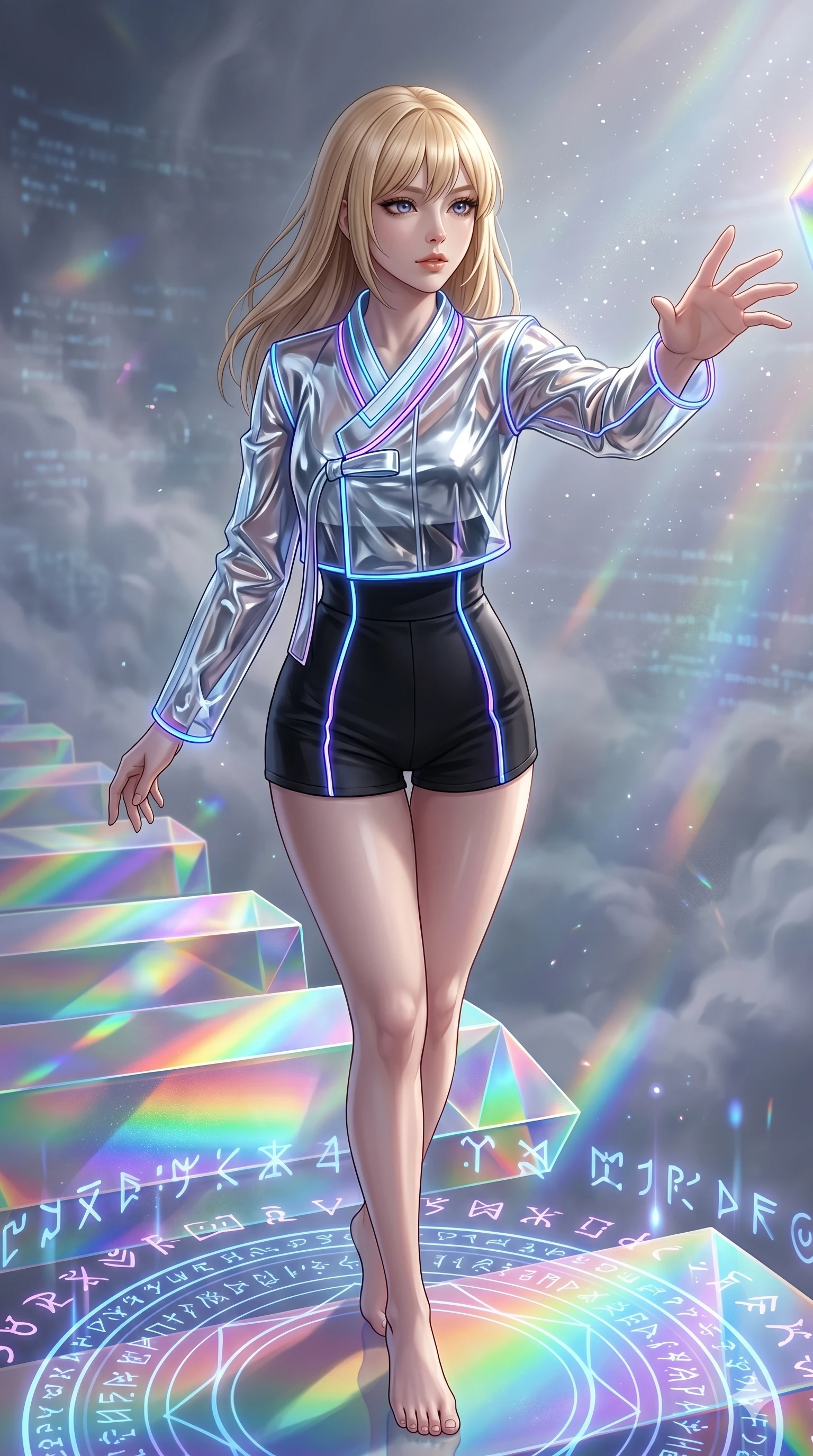 score_9, masterpiece, best quality, ultra-detailed, high-budget anime keyframe, editorial fashion photography, tasteful artistic composition, Japanese woman. upper body close-up from the thighs up, character filling the screen for maximum presence. reaching out to catch on a bridge made of rainbow prisms inside a digital cloud chamber as glowing runes and symbols fade in and out on the ground. She has an absolutely perfect 8-heads proportion, an exceptionally tall and slender female figure with impossibly long slender legs and an ultra-slim waist. V-shaped jawline, high-bridge nose, intricate jewel-like eyes with depth, thick eyelashes, glossy lips with a natural sheen.. wearing a vinyl liquid silver fusion hanbok, featuring a translucent chrome-silver vinyl jeogori, high-waist black high-waist fitted shorts, and glowing neon wire trims with a refined V-neckline detail. illuminated by dramatic chiaroscuro casting soft shadows along her curves, with vibrant backlighting highlighting the dust particles. 2k, ultra detail, master piece, 9:16 ratio