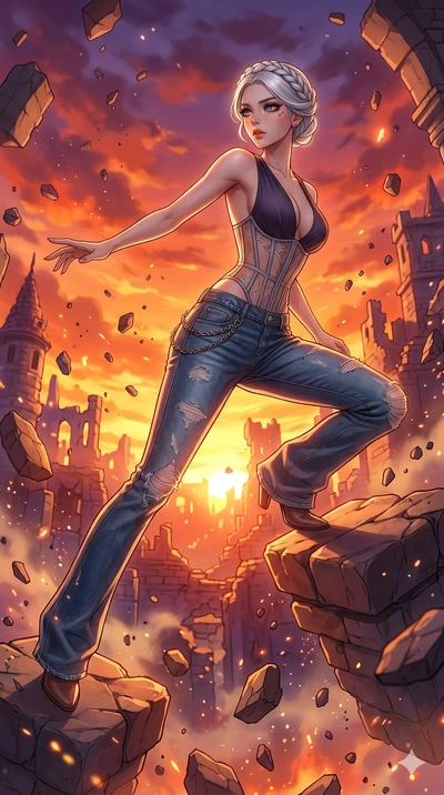 score_9, masterpiece, best quality, ultra-detailed, Set C: High-budget Anime Keyframe, Korean woman. Low angle cowboy shot filling the entire 9:16 frame with her statuesque presence. Leaping across floating debris in a crumbling castle under a vibran