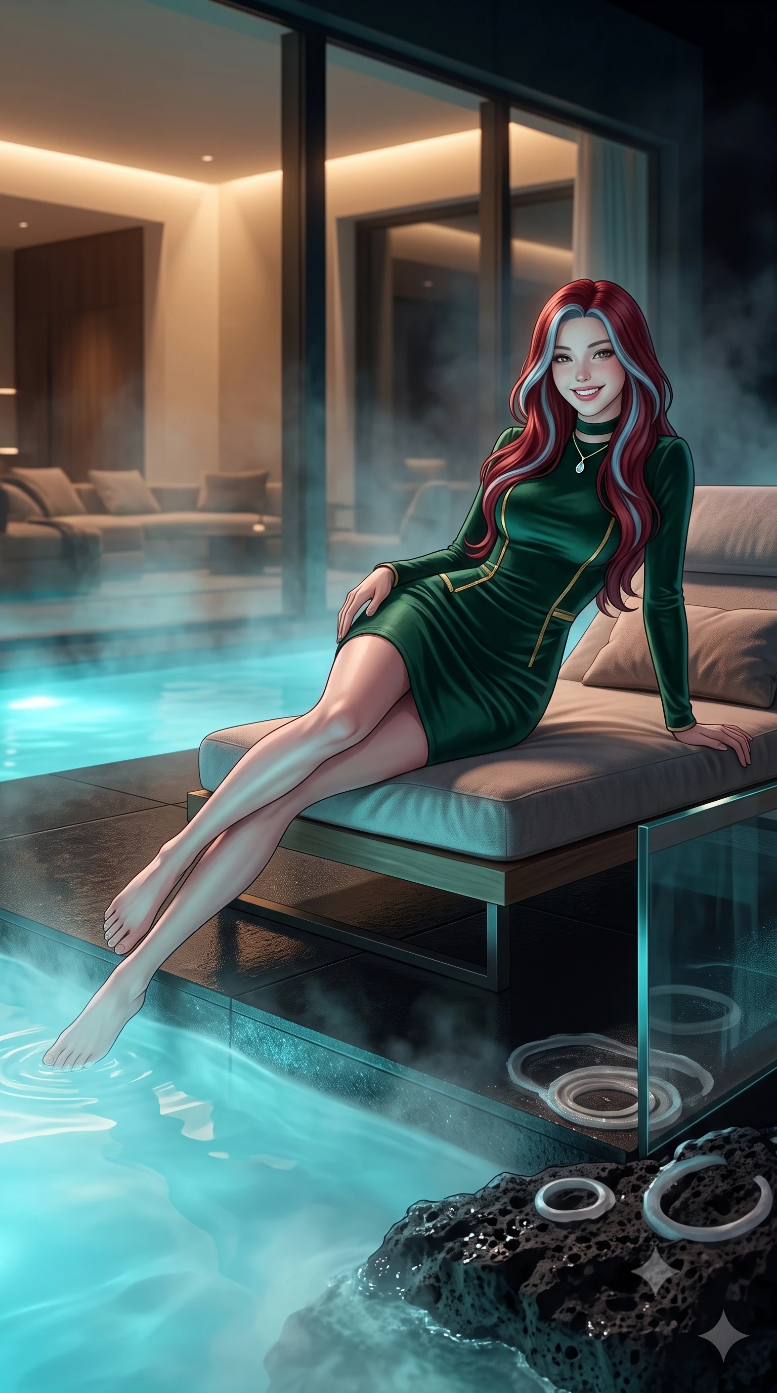 score_9, masterpiece, best quality, ultra-detailed, high-budget anime keyframe, editorial fashion photography, tasteful artistic composition, Caucasian woman. low angle full-body shot from head to toe showing her feet, filling the entire 9:16 vertical frame with her statuesque presence, stretching her vertical silhouette. reclining gracefully across the plush chaise lounge with one leg extended, her sculpted silhouette and flat midriff radiating magnetic nocturnal glamour while standing poised on the heated black basalt terrace stepping directly into the steaming milky-cyan mineral waters, arching her spine with wet-look siren grace. The surrounding environment is rendered in vivid detail and crisp panoramic clarity: sharp porous volcanic black basalt rock textures, silica water edge mineral rings, and frameless structural glass bevels in deep focus. She has an exceptionally tall and slender model-like 8.5-heads proportion, an ultra-slim waist, a flat toned midriff, narrow delicate ribcage, and beautifully sculpted feminine hips creating a graceful, slim hourglass silhouette without any bulky heaviness, with impossibly long slender legs. sharp v-shaped jawline, high-bridge nose, intricate jewel-like sparkling eyes with depth, thick eyelashes, glossy parted lips with a natural peach sheen, bright cheerful beaming smile with an enchanting and coquettish sensual glint, exuding both youthful cute charm and seductive allure, flawlessly proportioned anatomical accuracy, strict slender model proportions, natural body alignment, perfectly sculpted long slender limbs, ultra-slim waistline, clean dynamic posture without body distortion. wearing a tailored velvet bodycon cocktail dress with long fitted sleeves and mock neck in Bavarian alpine spruce green and Neuschwanstein gilded gold, woven from buttery-soft stretch lambskin leather adhering to her body like a second skin, finished with a thin velvet ribbon choker and a single teardrop diamond pendant, the second-skin tailored fabric adhering flawlessly to her sculpted flat midriff and slender torso, emphasizing her long leg lines and perfectly proportioned willowy build. bathed in underwater pool turquoise-cyan LEDs combined with soft warm 2700K interior cove lighting through glass. ultra-reflective glossy finish, specular highlights, rich textural contrasts, high-contrast stereoscopic depth, volumetric dynamic lighting, 2k, ultra detail, master piece, 9:16 ratio
