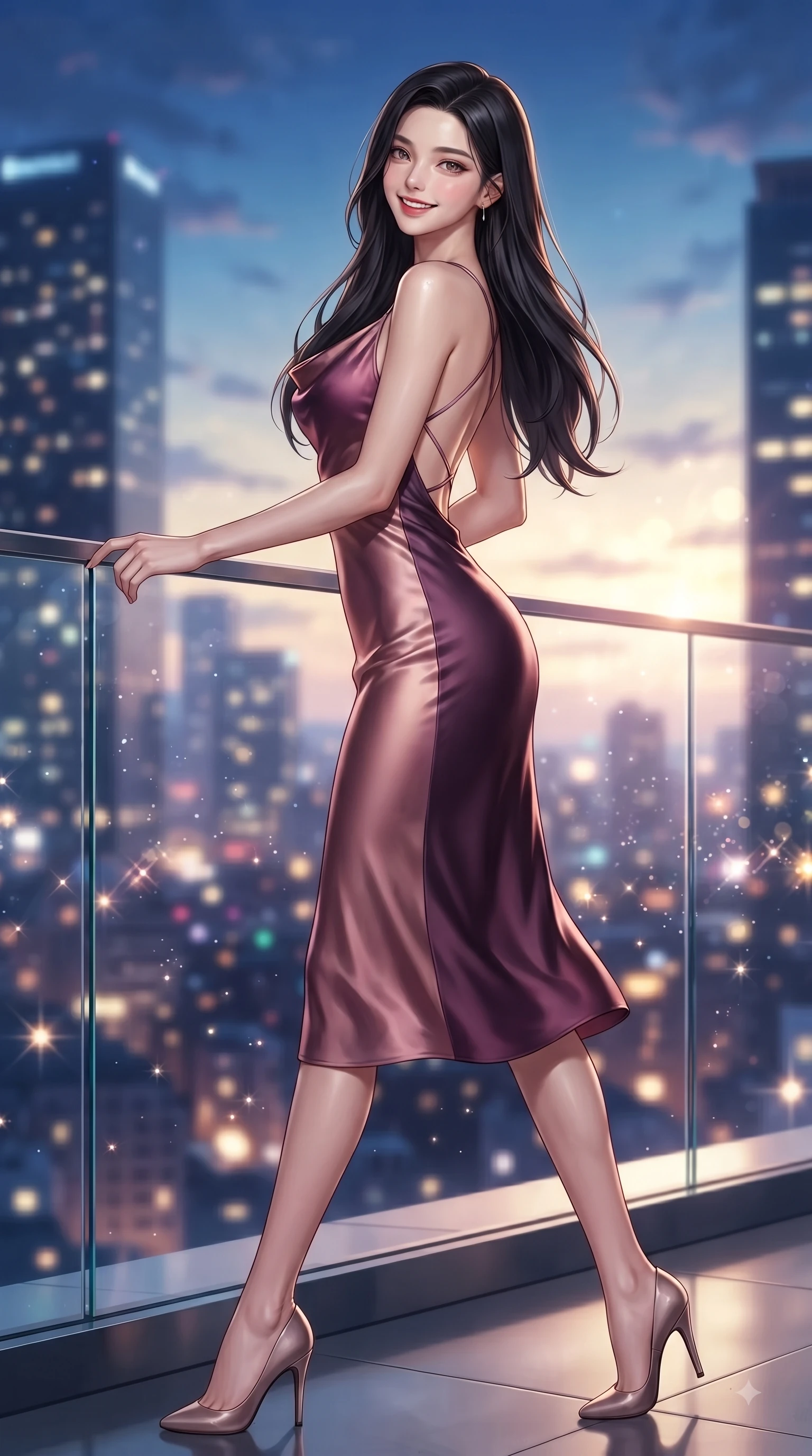 score_9, masterpiece, best quality, ultra-detailed, high-budget anime keyframe, editorial fashion photography, tasteful artistic composition, Korean woman. low angle full-body shot from head to toe showing her feet, filling the entire 9:16 vertical frame with her statuesque presence, stretching her vertical silhouette. pivoting dynamically with a fresh infectious smile, her ultra-slim waist creating a sweeping fluid curve while pivoting dynamically near a glass railing with city skyscraper outlines behind her. The composition keeps background elements in soft focus with dreamy bokeh. twinkling city tower lights and glowing sunset sky blurred into sparkling urban bokeh. She has an absolutely perfect, statuesque 8.5-heads proportion, an exceptionally tall and slender model-like female figure with impossibly long slender legs and an ultra-slim waist. sharp v-shaped jawline, high-bridge nose, intricate jewel-like eyes with depth, thick eyelashes, glossy lips with a natural sheen, flawlessly proportioned anatomical accuracy, natural body alignment, perfectly sculpted elegant limbs, clean dynamic posture without body distortion. wearing an elegant cowl-neck silk satin midi dress with a graceful draped neckline in rich plum purple and rose gold, made of premium stretch jersey that follows her curves like a glove, finished with delicate criss-cross back straps highlighting her bare shoulders, the glove-like fit emphasizing her statuesque silhouette during motion. surrounded by a sophisticated, glamorous, and modern nightlife aura. ultra-reflective glossy finish, specular highlights, metallic sheen, high-contrast stereoscopic depth, volumetric dynamic lighting, 2k, ultra detail, master piece, 9:16 ratio