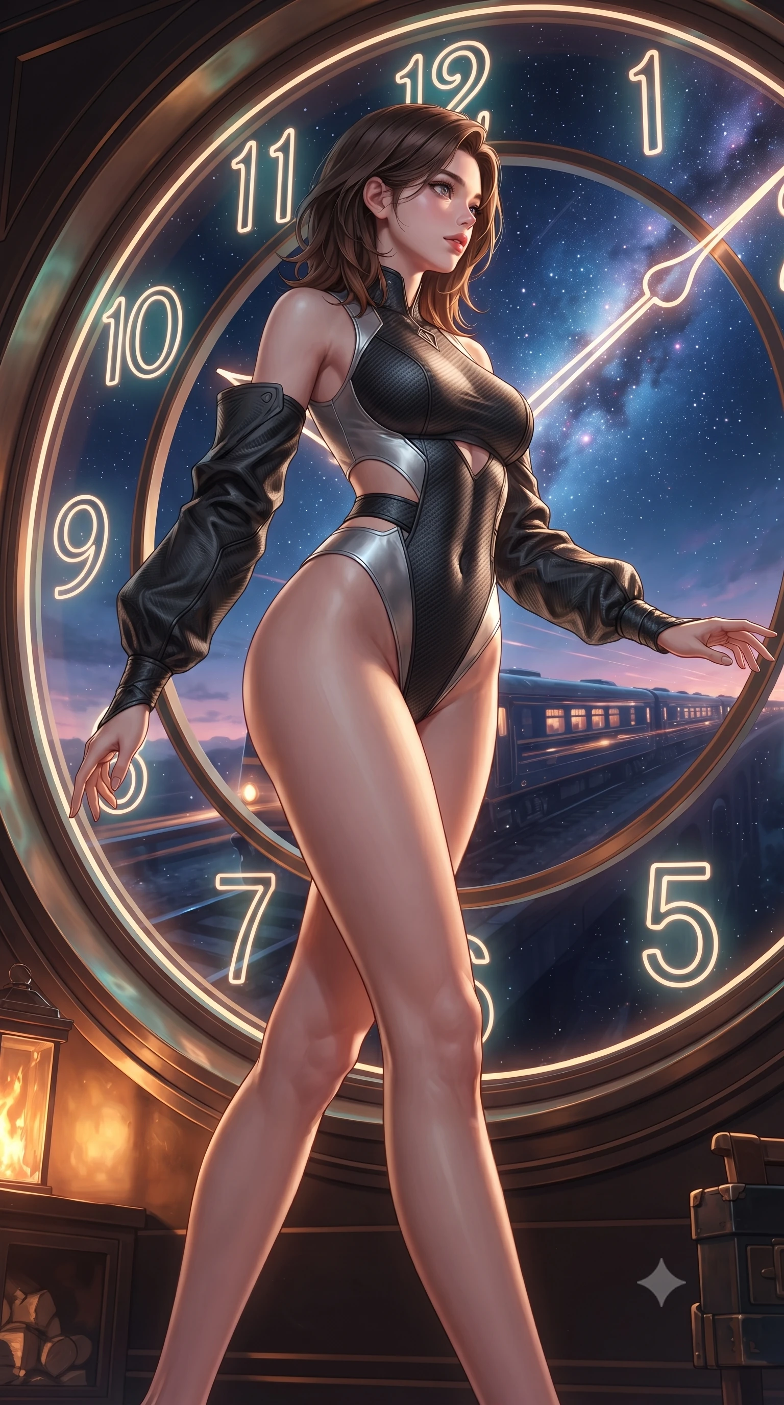 score_9, masterpiece, best quality, ultra-detailed, high-budget anime keyframe, editorial fashion photography, tasteful artistic composition, Korean woman. low angle full-body shot from head to toe showing her feet, filling the entire 9:16 vertical frame with her statuesque presence, stretching her vertical silhouette. forging dynamically through the scene, her vertical silhouette beautifully stretched gazing out a massive circular clock window at a twilight galaxy express train, glowing neon clock numbers floating in the air with vintage elegancy. She has an absolutely perfect, statuesque 8.5-heads proportion, an exceptionally tall and slender model-like female figure with impossibly long slender legs and an ultra-slim waist. sharp v-shaped jawline, high-bridge nose, intricate jewel-like eyes with depth, thick eyelashes, glossy lips with a natural sheen. wearing an asymmetrical high-cut tech-bodysuit with detached sleeves in matte black and polished silver, made of fine carbon-fiber weave and soft matte leather, featuring subtle geometric cutouts that highlight her ultra-slim midriff, the form-contouring material highlighting her ultra-slim waist and long lines. surrounded by warm hearth light and dramatic bronze rim highlights. highly saturated vibrant anime colors, detailed shading with soft gradients, rich glossy textures, high-contrast stereoscopic depth, volumetric dynamic lighting, master piece, 9:16 ratio