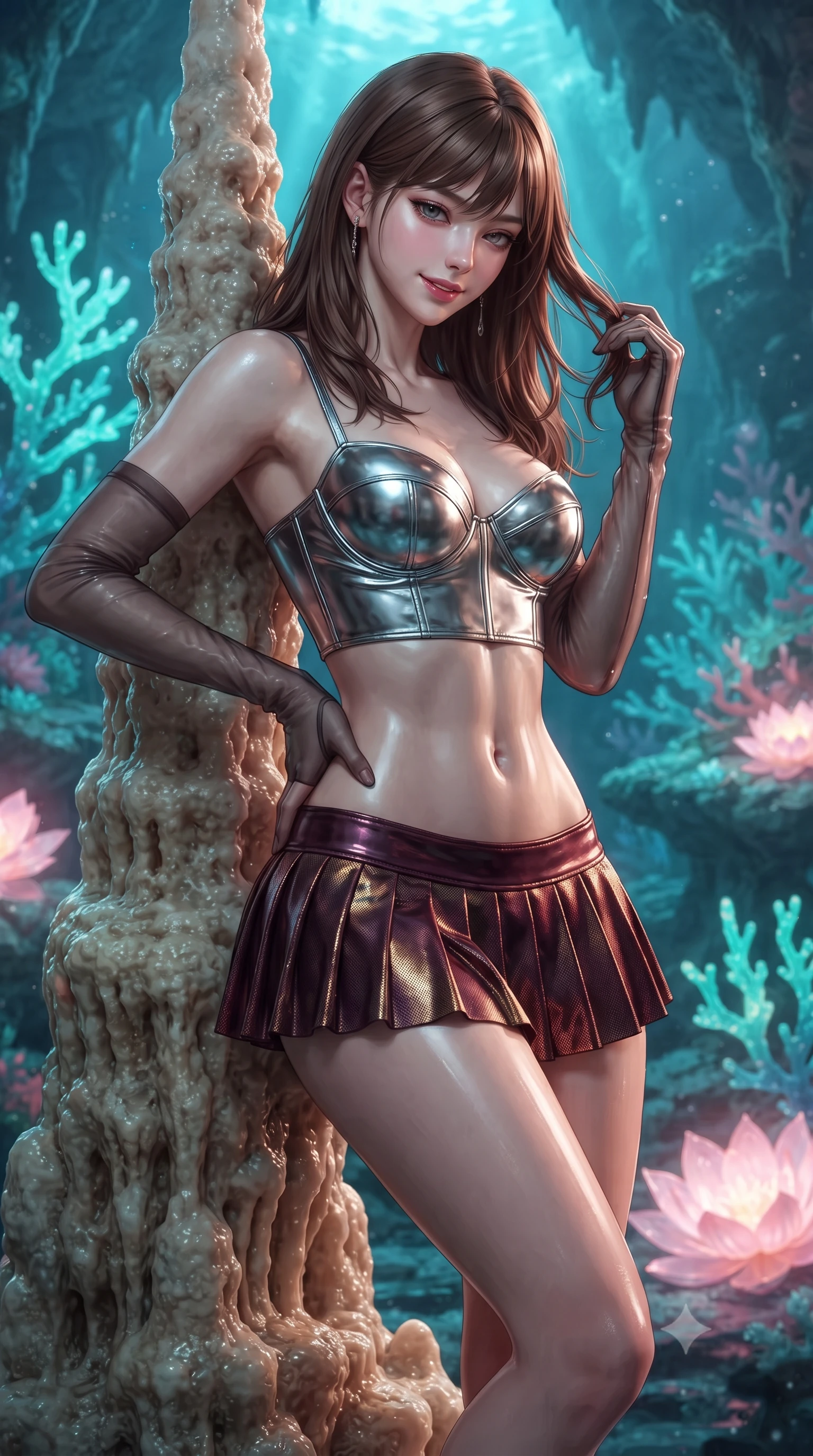 score_9, masterpiece, best quality, ultra-detailed, high-budget anime keyframe, editorial fashion photography, tasteful artistic composition, Korean woman. close-up cowboy shot from the waist and thighs up, the character dominates the composition, filling the frame with her large presence. twisting her slender torso in an alluring contrapposto stance, one hand resting on her sculpted hip while her fingers toy with her hair with effortless poise while leaning against the calcified stalagmite with hips cocked back, gazing down into glowing turquoise underwater coral branches with smoldering bedroom-eyes. The surrounding environment is rendered in vivid detail and crisp panoramic clarity: detailed garment cut, form-fitting bodycon or wet cling lines, and pristine subterranean natural architecture in razor-sharp precision. She has an exceptionally elegant, slender, and willowy female figure with an ultra-slim waist, flat toned midriff, narrow ribcage, and sculpted feminine hips creating an alluring, slim hourglass silhouette without bulk. sharp v-shaped jawline, high-bridge nose, intricate jewel-like sparkling eyes with depth, thick eyelashes, glossy parted lips with a natural peach sheen, bright cheerful beaming smile with an enchanting and coquettish sensual glint, exuding both youthful cute charm and seductive allure, flawlessly proportioned anatomical accuracy, strict slender model proportions, natural body alignment, perfectly sculpted long slender limbs, ultra-slim waistline, clean dynamic posture without body distortion. wearing a chrome-plated structured underwire bustier top paired with an ultra-short low-rise pleated micro mini skirt in deep burgundy and bronze accents, crafted from stretch micro-mesh with liquid foil coating that shimmers with every movement, complemented by sheer opera-length evening gloves tracing her slender arms, the second-skin tailored fabric adhering flawlessly to her sculpted flat midriff and slender torso, emphasizing her long leg lines and perfectly proportioned willowy build. bathed in the ethereal natural fluorescence of living turquoise corals mixed with the soft pink radiance of glowing lotuses. ultra-reflective glossy finish, specular highlights, rich textural contrasts, high-contrast stereoscopic depth, volumetric dynamic lighting, 2k, ultra detail, master piece, 9:16 ratio