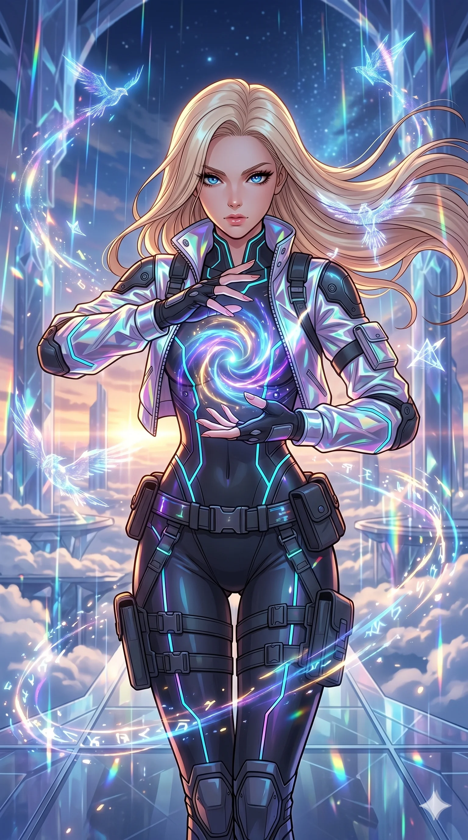 score_9, masterpiece, best quality, ultra-detailed, high-budget anime movie keyframe, cinematic anime lighting, intricate line art, Japanese woman. Upper body filling screen focusing on her alluring features and slim-fit silhouette. summoning mystical spirits in a crystal palace above the clouds with holographic rain. She has an absolutely perfect 8-heads proportion, an exceptionally tall and slender female figure with an ultra-slim waist and impossibly long slender legs. sharp v-shaped jawline, high-bridge nose, intricate jewel-like eyes, thick eyelashes, glossy lips. Wearing modern urban tech-wear ensemble with a cropped reflective bomber jacket, ultra-slim high-waisted cargo leggings, and tactical harness with neon-lit pouches. The scene is illuminated by dramatic atmospheric lighting and vibrant color palettes. , 2k, ultra detail, master piece, 9:16 ratio