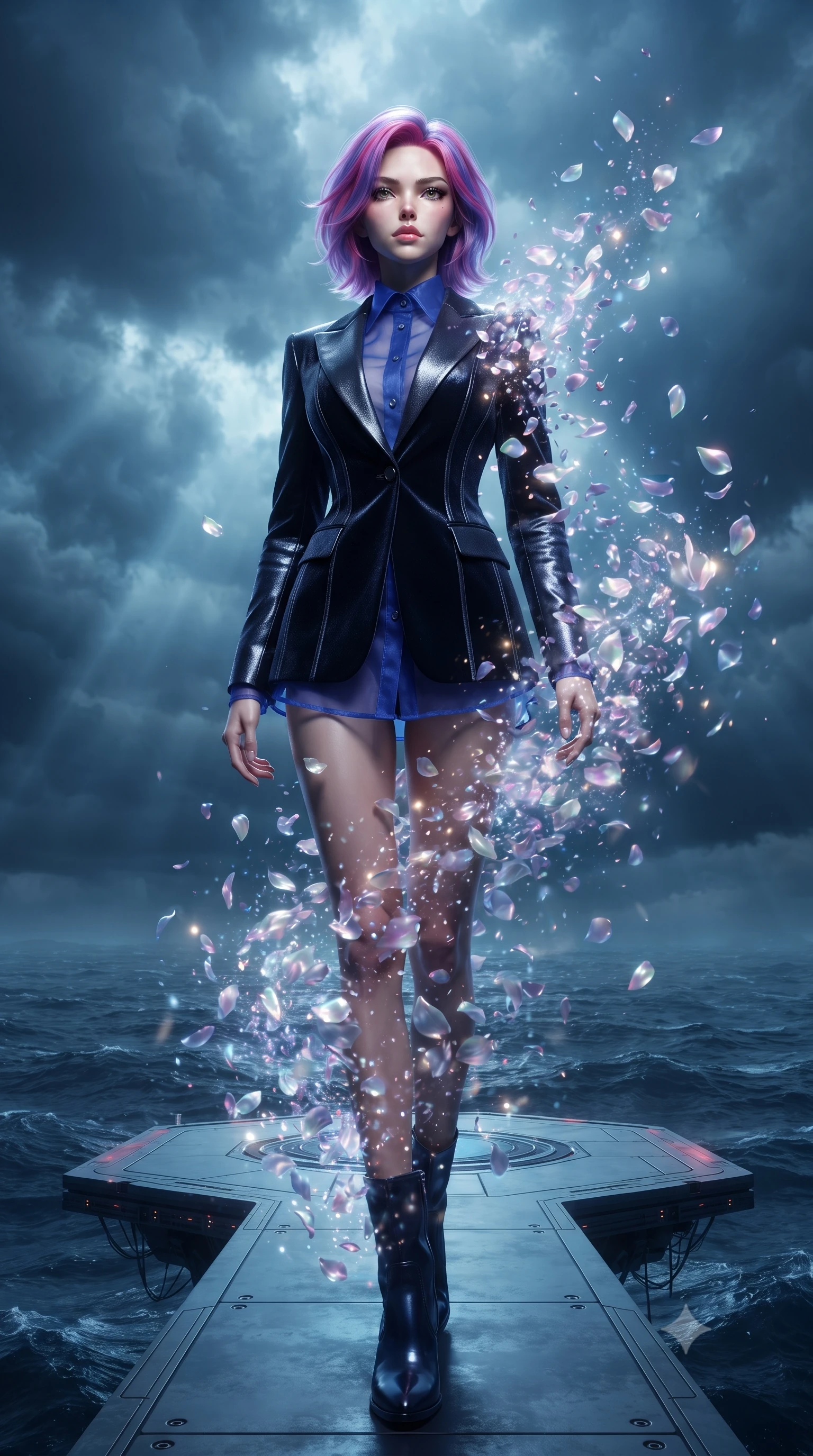 score_9, masterpiece, best quality, ultra-detailed, High-budget Anime Keyframe, editorial fashion photography, tasteful artistic composition, realistic cosplay photography, Caucasian woman, strictly human ears. Low angle cowboy shot filling the entire 9:16 frame with her statuesque presence. Scenario 419: dissolving into a cloud of iridescent silk petals inside a floating platform suspended over a stormy sea of dark blue water. Her presence is magnetic and overpowering in this high-budget cinematic scene. Outfit 419: a form-contouring cobalt blue sheer organza jacket layered under a structured velvet blazer. The clothing is designed to emphasize her exceptionally tall and slender 8-heads proportion. 8-heads proportion, towering silhouette, ultra-slim waist. sharp v-shaped jawline, intricate jewel-like eyes with depth, thick eyelashes, glossy lips. ultra-reflective glossy finish, specular highlights, metallic sheen, high-contrast stereoscopic depth, volumetric dynamic lighting, 2k, ultra detail, master piece, 9:16 ratio