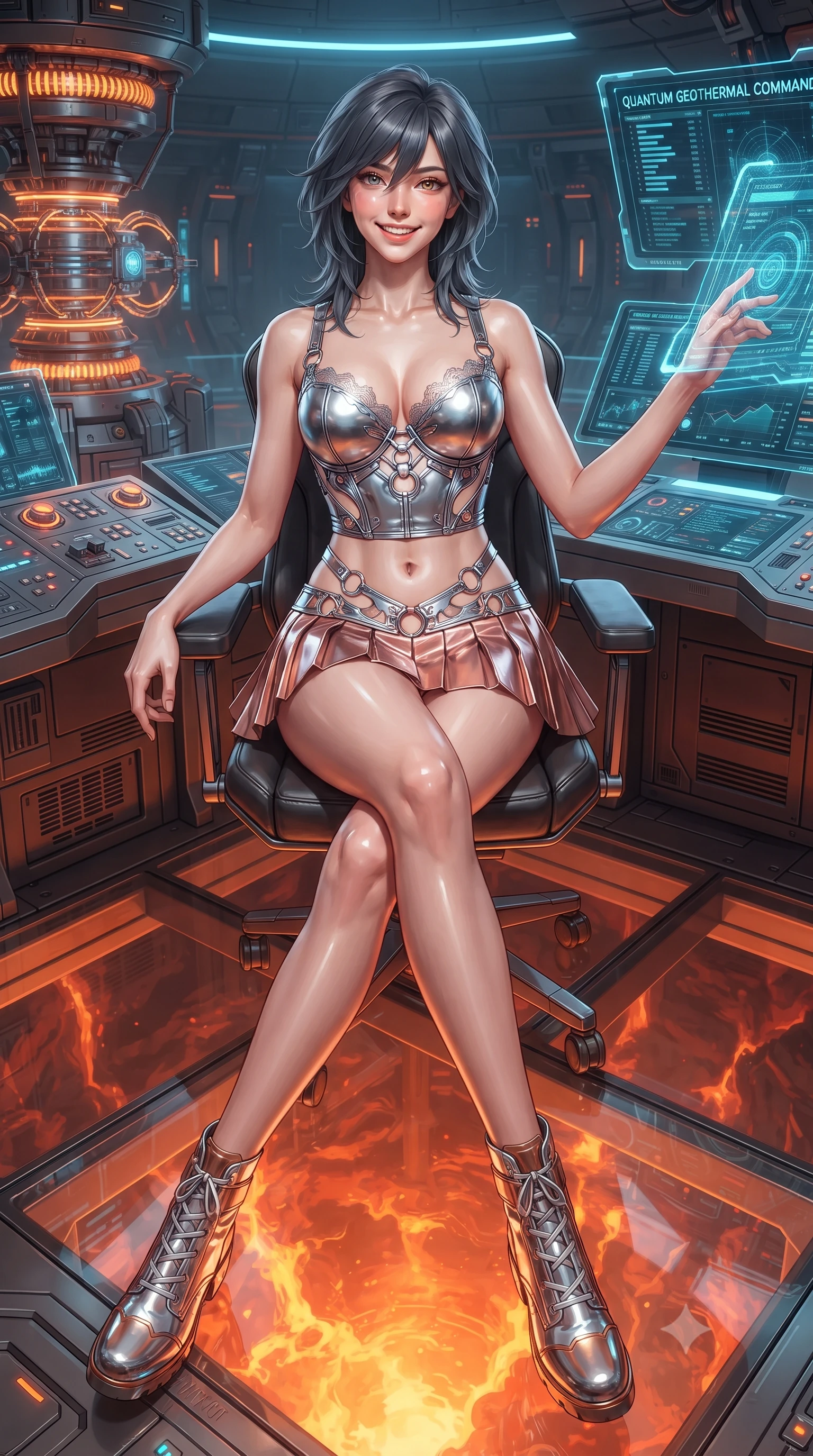 score_9, masterpiece, best quality, ultra-detailed, high-budget anime keyframe, editorial fashion photography, tasteful artistic composition, Caucasian woman. low angle full-body shot from head to toe showing her feet, filling the entire 9:16 vertical frame with her statuesque presence, stretching her vertical silhouette. reclining gracefully across the plush chaise lounge with one leg extended, her sculpted silhouette and flat midriff radiating magnetic nocturnal glamour while sitting gracefully on the floating antigravity operator chair with legs crossed, her statuesque 8.5-heads silhouette commanding the geothermal abyss. The surrounding environment is rendered in vivid detail and crisp panoramic clarity: sharp seamless transparent armor-glass floor panels, superconducting laser emitter coils, and digital telemetry monitors in deep focus. She has an exceptionally tall and slender model-like 8.5-heads proportion, an ultra-slim waist, a flat toned midriff, narrow delicate ribcage, and beautifully sculpted feminine hips creating a graceful, slim hourglass silhouette without any bulky heaviness, with impossibly long slender legs. sharp v-shaped jawline, high-bridge nose, intricate jewel-like sparkling eyes with depth, thick eyelashes, glossy parted lips with a natural peach sheen, bright cheerful beaming smile with an enchanting and coquettish sensual glint, exuding both youthful cute charm and seductive allure, flawlessly proportioned anatomical accuracy, strict slender model proportions, natural body alignment, perfectly sculpted long slender limbs, ultra-slim waistline, clean dynamic posture without body distortion. wearing a chrome-plated tactical combat bustier top with reinforced underwire paired with a low-rise pleated micro combat skirt in high-gloss rose-gold and burnished copper, adorned with delicate chrome ring hardware and cutouts along her slender waist, finished with scalloped eyelash lace trim framing her sweetheart neckline with intimate elegance, the form-contouring silhouette accentuating her sculpted flat midriff, narrow delicate ribcage, and gracefully curvy hips with intoxicating allure. bathed in the dual illumination of searing 2200K subterranean magma radiance and cold 480nm cyan magnetic containment lasers. ultra-reflective glossy finish, specular highlights, rich textural contrasts, high-contrast stereoscopic depth, volumetric dynamic lighting, 2k, ultra detail, master piece, 9:16 ratio