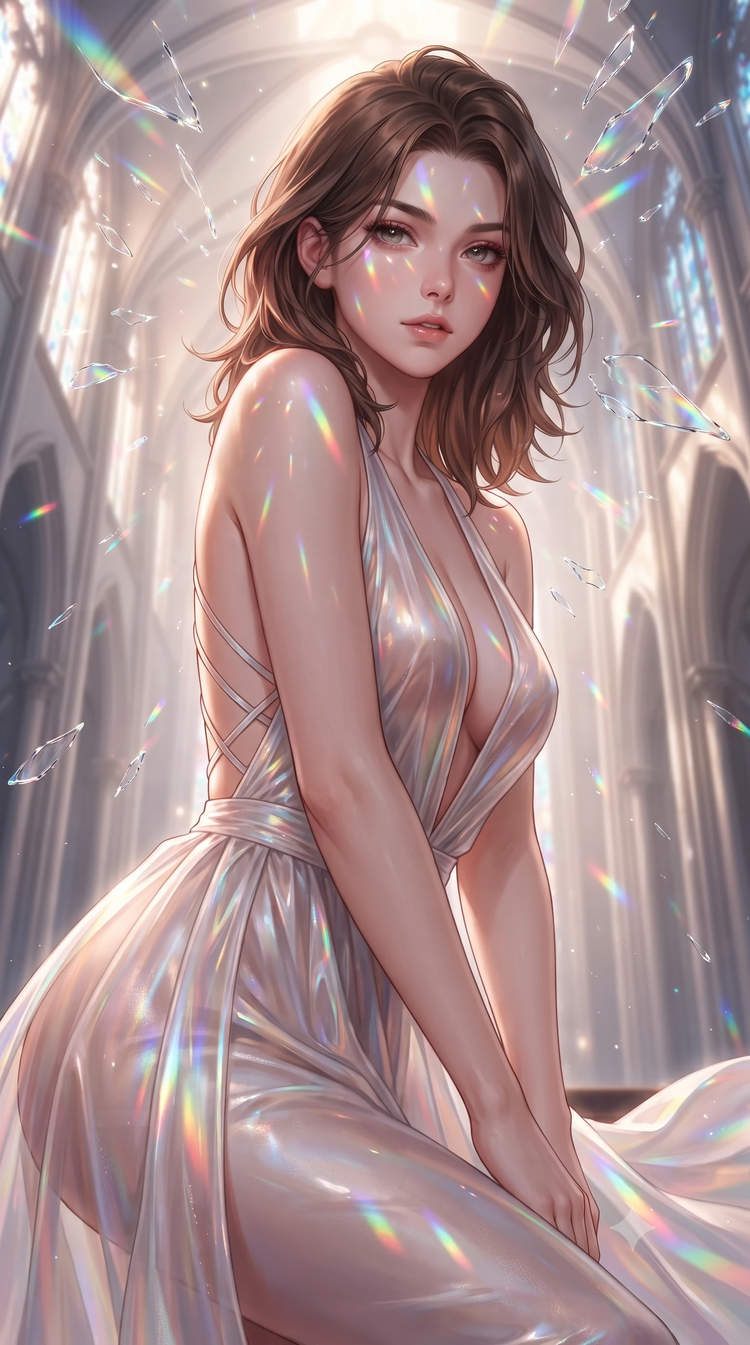 score_9, masterpiece, best quality, ultra-detailed, high-budget anime keyframe, editorial fashion photography, tasteful artistic composition, Korean woman. close-up cowboy shot from the waist and thighs up, the character dominates the composition, filling the frame with her large presence, background elements kept in soft focus. Leaning slightly forward with a composed, seductive gaze under soft glowing light leaping through shattered liquid glass fragments in a illuminated cathedral, majestic vaulted ceilings rising high into a luminous atmosphere. She has an exceptionally elegant, slender, and willowy female figure with an ultra-slim waist, a gracefully sculpted slender torso, and a refined silhouette. sharp v-shaped jawline, high-bridge nose, intricate jewel-like eyes with depth, thick eyelashes, glossy lips with a natural sheen. wearing a translucent iridescent chiffon gown with a plunging neckline and open back in pearl white and rose gold, crafted from smooth liquid silk, complemented by criss-cross back straps highlighting her bare shoulders, the tailored fabric tightly following every curve of her athletic build. bathed in cascading rainbow prismatic light refracting through stained glass. highly saturated vibrant anime colors, detailed shading with soft gradients, rich glossy textures, high-contrast stereoscopic depth, volumetric dynamic lighting, master piece, 9:16 ratio