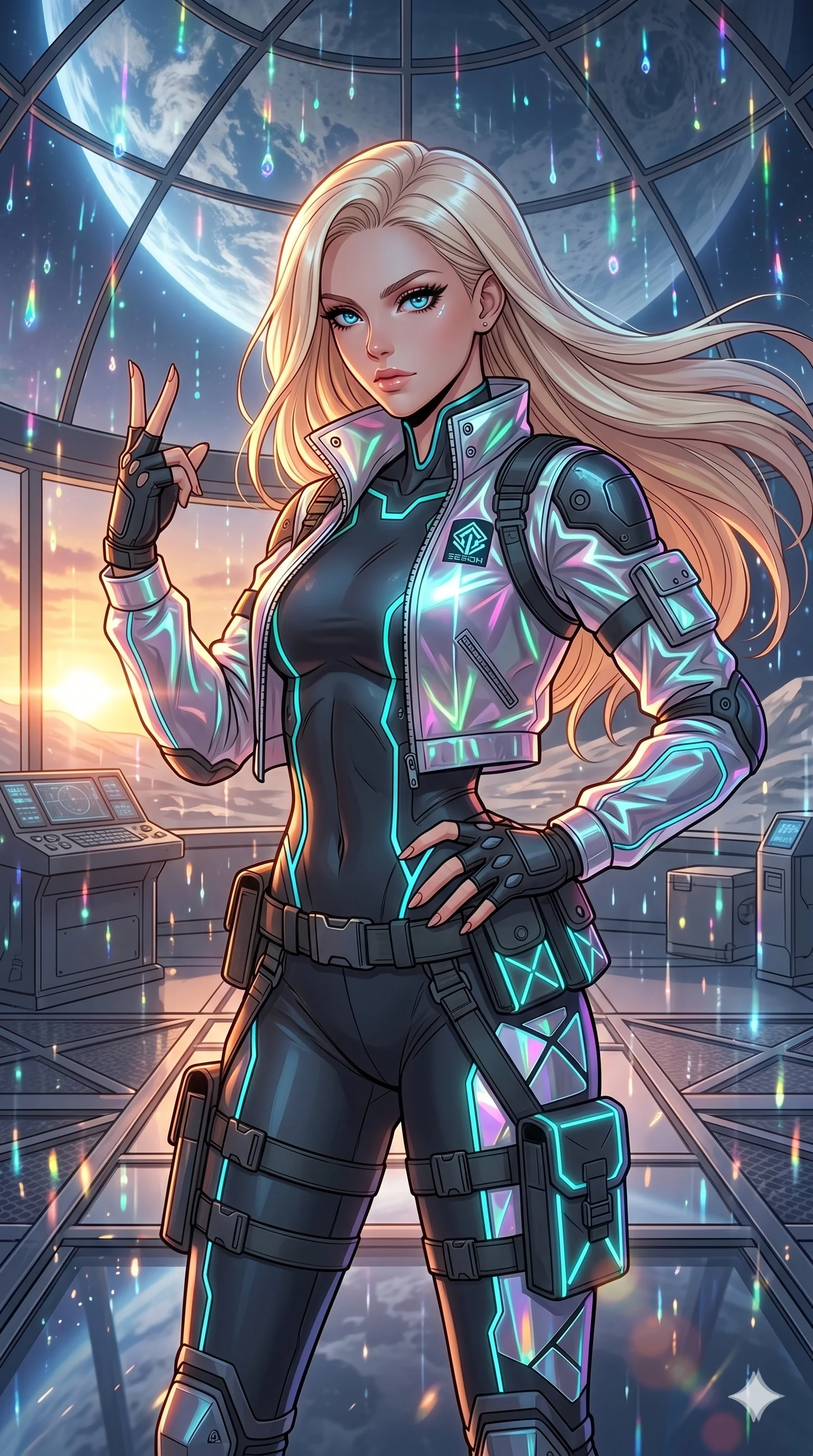 score_9, masterpiece, best quality, ultra-detailed, high-budget anime movie keyframe, cinematic anime lighting, intricate line art, Caucasian (strictly human ears) woman. Upper body filling screen focusing on her alluring features and slim-fit silhouette. standing victoriously in a lunar observatory with holographic rain. She has an absolutely perfect 8-heads proportion, an exceptionally tall and slender female figure with an ultra-slim waist and impossibly long slender legs. sharp v-shaped jawline, high-bridge nose, intricate jewel-like eyes, thick eyelashes, glossy lips. Wearing modern urban tech-wear ensemble with a cropped reflective bomber jacket, ultra-slim high-waisted cargo leggings, and tactical harness with neon-lit pouches. The scene is illuminated by dramatic atmospheric lighting and vibrant color palettes. , 2k, ultra detail, master piece, 9:16 ratio