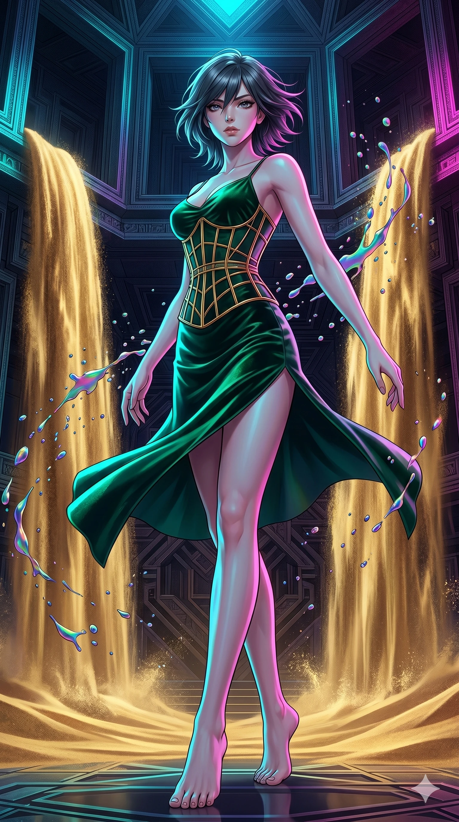 score_9, masterpiece, best quality, ultra-detailed, high-budget anime keyframe, editorial fashion photography, tasteful artistic composition, Caucasian woman, strictly human ears. low angle full-body shot from head to toe showing her feet, filling the entire 9:16 vertical frame with her statuesque presence, stretching her vertical silhouette. spinning in the center of in a fractal quicksand temple with golden sand waterfalls while iridescent paint splatters suspend in mid-air around her. She has an absolutely perfect 8-heads proportion, an exceptionally tall and slender female figure with impossibly long slender legs and an ultra-slim waist. V-shaped jawline, high-bridge nose, intricate jewel-like eyes with depth, thick eyelashes, glossy lips with a natural sheen.. wearing a mathematical gold wire cage corset and an emerald green silk velvet slip dress with an asymmetric elegant knee-high side slit. lit by high-contrast neon strobes that carve out her dynamic posture and V-shaped jawline. 2k, ultra detail, master piece, 9:16 ratio