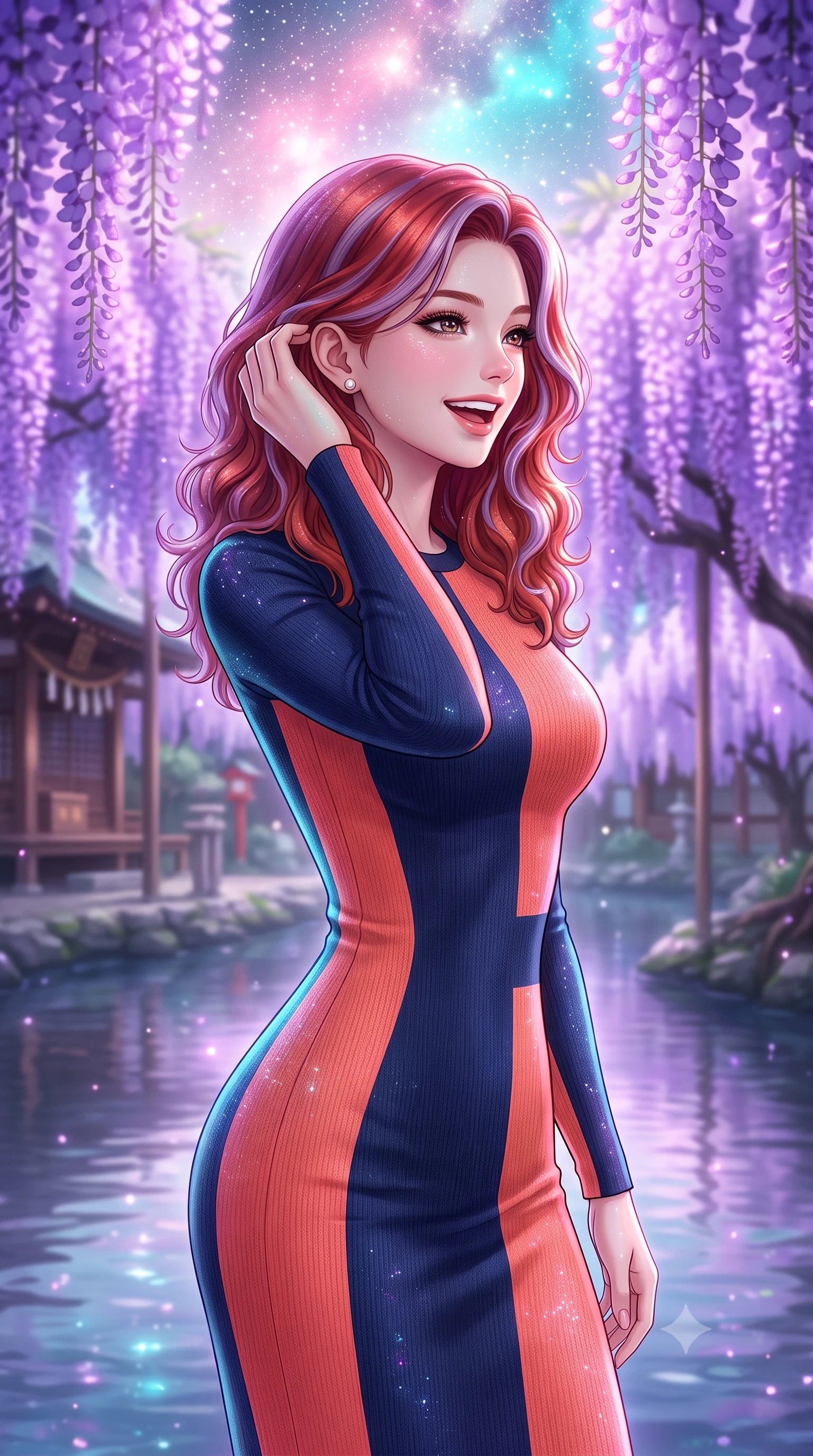 score_9, masterpiece, best quality, ultra-detailed, high-budget anime keyframe, editorial fashion photography, tasteful artistic composition, Caucasian woman, strictly human ears. close-up cowboy shot from the waist and thighs up, the character dominates the composition, filling the frame with her large presence, background elements kept in soft focus. Laughing softly while brushing a strand of hair behind her ear. set against a soft-focus background of in a traditional wooden shrine courtyard surrounded by giant wisteria trees with glowing purple flowers hanging over a calm, reflecting river. She has an exceptionally elegant, slender, and willowy female figure with a highly-defined ultra-slim waist, a gracefully sculpted slender torso, and a refined slim-fit silhouette that contours her form. sharp v-shaped jawline, high-bridge nose, intricate jewel-like eyes with depth, thick eyelashes, glossy lips with a natural sheen. wearing a precision-fitted long-sleeve knit midi dress in a vibrant color block of navy and warm coral, contouring her slender torso. starlight and nebula glow casting soft cosmic pink and cyan highlights on her form. 2k, ultra detail, master piece, 9:16 ratio