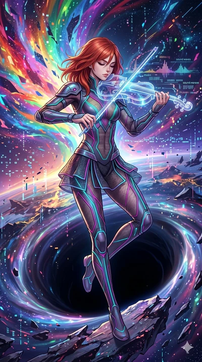score_9, masterpiece, best quality, ultra-detailed, Set A: High-budget Anime Keyframe, Caucasian (human ears) woman. Upper body close-up from the thighs up, character filling the screen for maximum presence. Theme: Historical Remix. playing a hologra