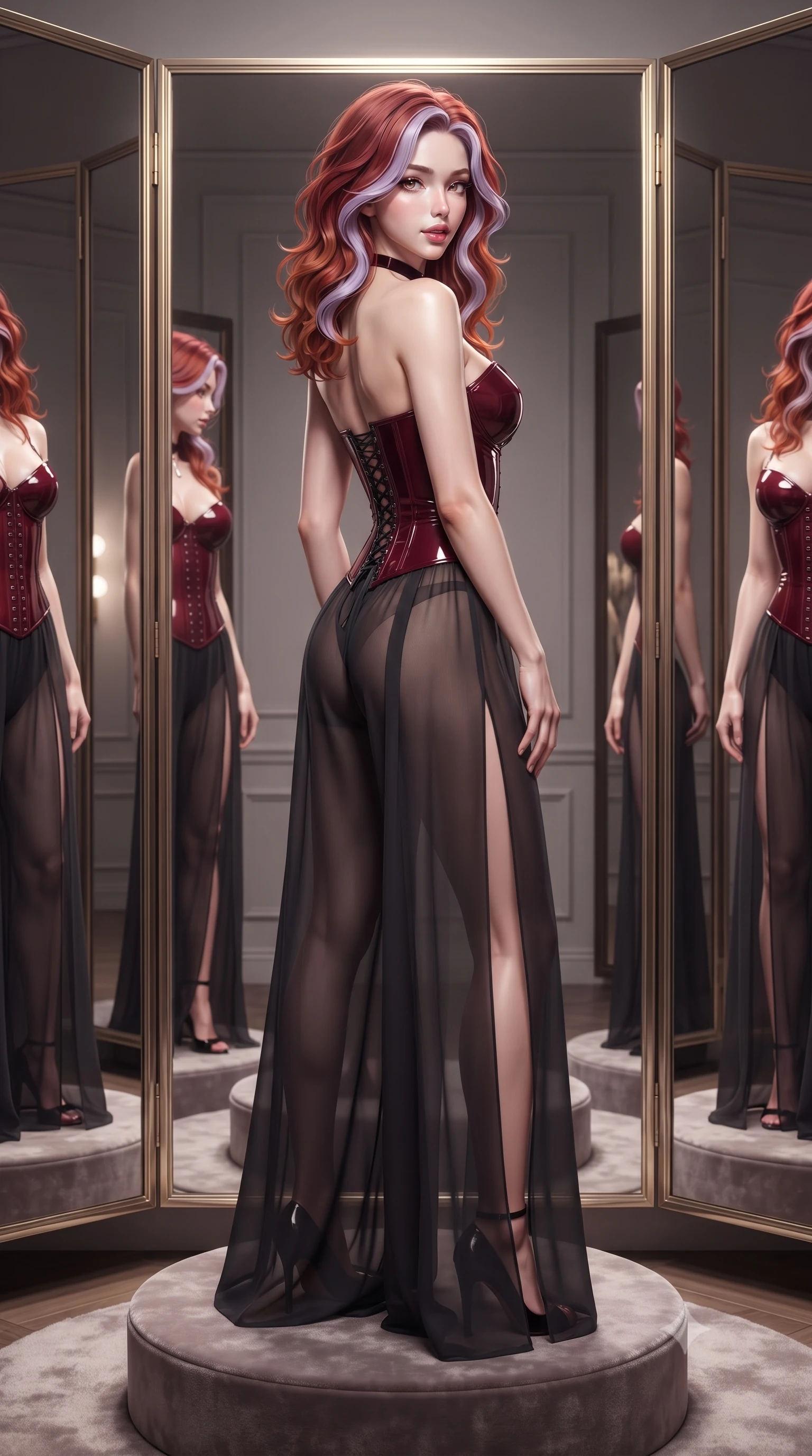 score_9, masterpiece, best quality, ultra-detailed, high-budget anime keyframe, editorial fashion photography, tasteful artistic composition, Caucasian woman. close-up cowboy shot from the waist and thighs up, the character dominates the composition, filling the frame with her large presence. posing in an alluring rear three-quarter angle, looking over a bare shoulder with parted glossy lips, her hips cocked back to highlight her slim hourglass curve while standing poised on the circular velvet fitting pedestal between floor-to-ceiling trifold mirrors, arching her back with supreme haute couture grace. The surrounding environment is rendered in vivid detail and crisp panoramic clarity: detailed boned satin corset bodice lacing, sheer stocking seam lines, and luxury atelier craftsmanship in high resolution. She has an exceptionally elegant, slender, and willowy female figure with an ultra-slim waist, flat toned midriff, narrow ribcage, and sculpted feminine hips creating an alluring, slim hourglass silhouette without bulk. sharp v-shaped jawline, high-bridge nose, sparkling eyes with hypnotic seductive depth, thick curled eyelashes, glossy parted lips with a natural dewy peach sheen, alluring bedroom-eyes with an enchanting coquettish smile, exuding magnetic siren charisma and sophisticated glamour, flawlessly proportioned anatomical accuracy, strict slender model proportions, natural body alignment, perfectly sculpted long slender limbs, ultra-slim waistline, clean dynamic posture without body distortion. wearing a wet-look form-fitting vinyl bustier paired with sheer chiffon high-slit wide-leg trousers in rich cherry lacquer and smoky charcoal, woven from buttery-soft stretch lambskin leather adhering to her body like a second skin, finished with a thin velvet ribbon choker and a single teardrop diamond pendant, the form-contouring silhouette accentuating her sculpted flat midriff, narrow delicate ribcage, and gracefully curvy hips with intoxicating allure. illuminated by mirror reflection bounce and sharp platinum-gold rim lights defining her delicate clavicles, narrow waist, and curvy hips. ultra-reflective glossy finish, specular highlights, rich textural contrasts, high-contrast stereoscopic depth, volumetric dynamic lighting, 2k, ultra detail, master piece, 9:16 ratio