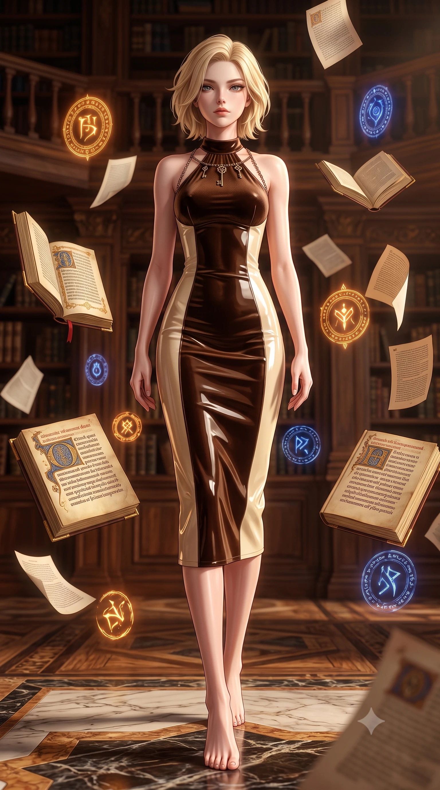 score_9, masterpiece, best quality, ultra-detailed, high-budget anime keyframe, editorial fashion photography, tasteful artistic composition, Caucasian woman. low angle full-body shot from head to toe showing her feet, filling the entire 9:16 vertical frame with her statuesque presence, stretching her vertical silhouette. stepping forward with proud posture, filling the vertical frame with her magnetic presence surrounded by floating illuminated manuscripts with gold leaf lettering, floating paper pages and glowing magic runes hovering in the quiet air. She has an absolutely perfect, statuesque 8.5-heads proportion, an exceptionally tall and slender model-like female figure with impossibly long slender legs and an ultra-slim waist. sharp v-shaped jawline, high-bridge nose, intricate jewel-like eyes with depth, thick eyelashes, glossy lips with a natural sheen. wearing a velvet halter-neck midi dress following her form like a glove in espresso brown and warm cream, tailored from high-gloss patent leather, adorned with delicate metallic chain straps along the neckline, the sleek second-skin texture accentuating her magnetic presence. surrounded by a scholarly, opulent aura with warm chiaroscuro contrast. highly saturated vibrant anime colors, detailed shading with soft gradients, rich glossy textures, high-contrast stereoscopic depth, volumetric dynamic lighting, master piece, 9:16 ratio