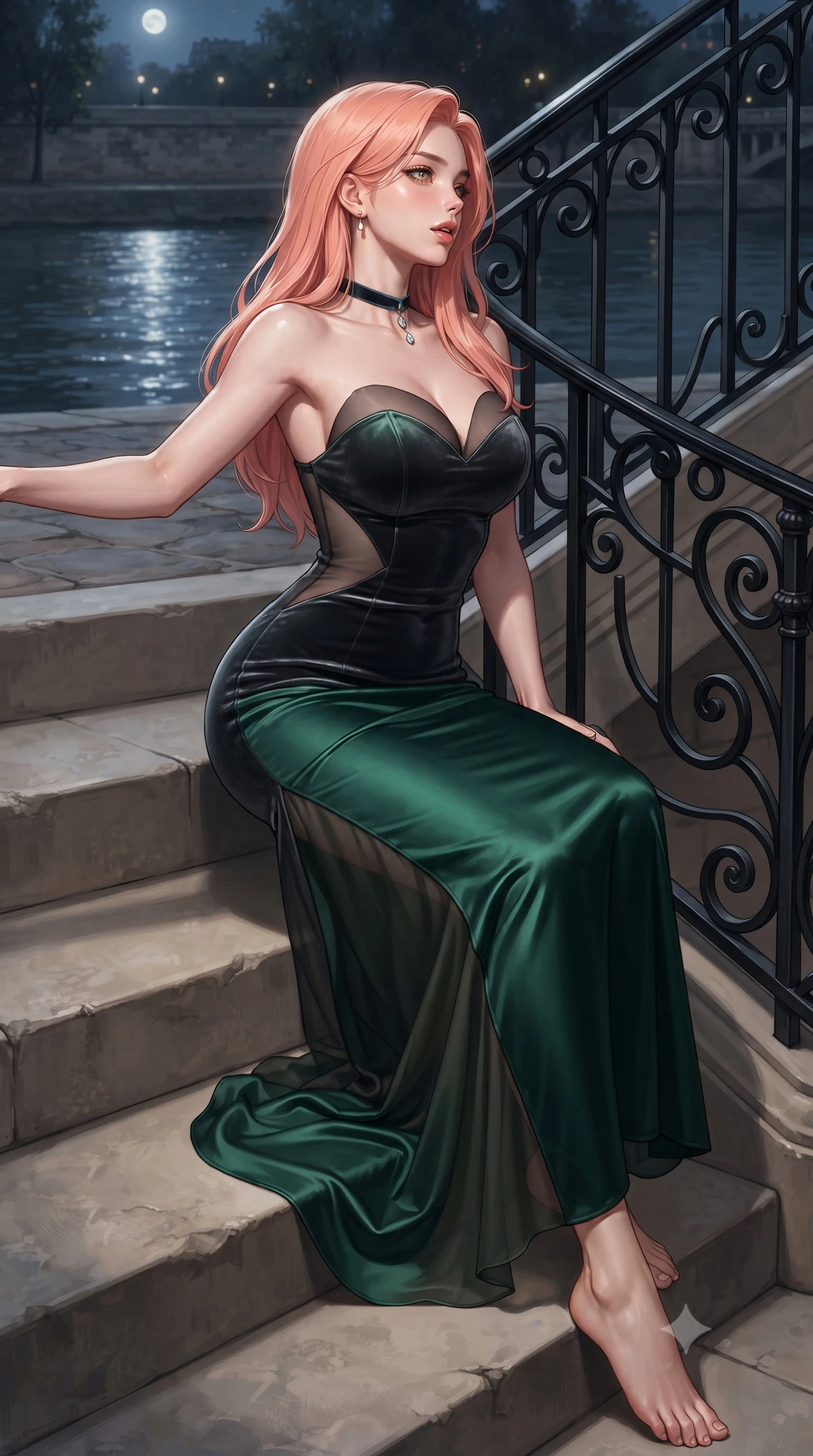 score_9, masterpiece, best quality, ultra-detailed, high-budget anime keyframe, editorial fashion photography, tasteful artistic composition, Japanese woman. low angle full-body shot from head to toe showing her feet, filling the entire 9:16 vertical frame with her statuesque presence, stretching her vertical silhouette. sitting poised on the stone steps with one knee bent, arching her spine with supermodel elegance as she glances upward through thick eyelashes while leaning against the ornate black wrought-iron railing with hips cocked back, looking over a bare shoulder toward the moonlit river. The surrounding environment is rendered in vivid detail and crisp panoramic clarity: detailed backless silk slip gown tailoring, dewy skin highlights, and classical French haussmann masonry in razor-sharp precision. She has an absolutely perfect, statuesque 8.5-heads proportion, an exceptionally tall and slender model-like female figure with impossibly long slender legs, an ultra-slim waist, a flat toned midriff, narrow delicate ribcage, and beautifully sculpted feminine hips creating a graceful, slim hourglass silhouette without any bulky heaviness. sharp v-shaped jawline, high-bridge nose, sparkling eyes with hypnotic seductive depth, thick curled eyelashes, glossy parted lips with a natural dewy peach sheen, alluring bedroom-eyes with an enchanting coquettish smile, exuding magnetic siren charisma and sophisticated glamour, flawlessly proportioned anatomical accuracy, strict slender model proportions, natural body alignment, perfectly sculpted long slender limbs, ultra-slim waistline, clean dynamic posture without body distortion. wearing a deep sweetheart-neckline velvet bodycon dress with sheer side-torso cutouts accentuating her hourglass curves in iridescent emerald satin and dark charcoal velvet, made of sheer gossamer chiffon that drapes softly against skin with airy translucence, finished with a thin velvet ribbon choker and a single teardrop diamond pendant, the liquid-tight tailored fabric clinging flawlessly to her narrow waist and rounded feminine hips, emphasizing every millimeter of her sculpted slim hourglass curves without any bulky heaviness. illuminated by Seine water specular bounce and sharp platinum rim lights sculpting her jawline, flat midriff, and voluptuous hip curves. ultra-reflective glossy finish, specular highlights, rich textural contrasts, high-contrast stereoscopic depth, volumetric dynamic lighting, 2k, ultra detail, master piece, 9:16 ratio