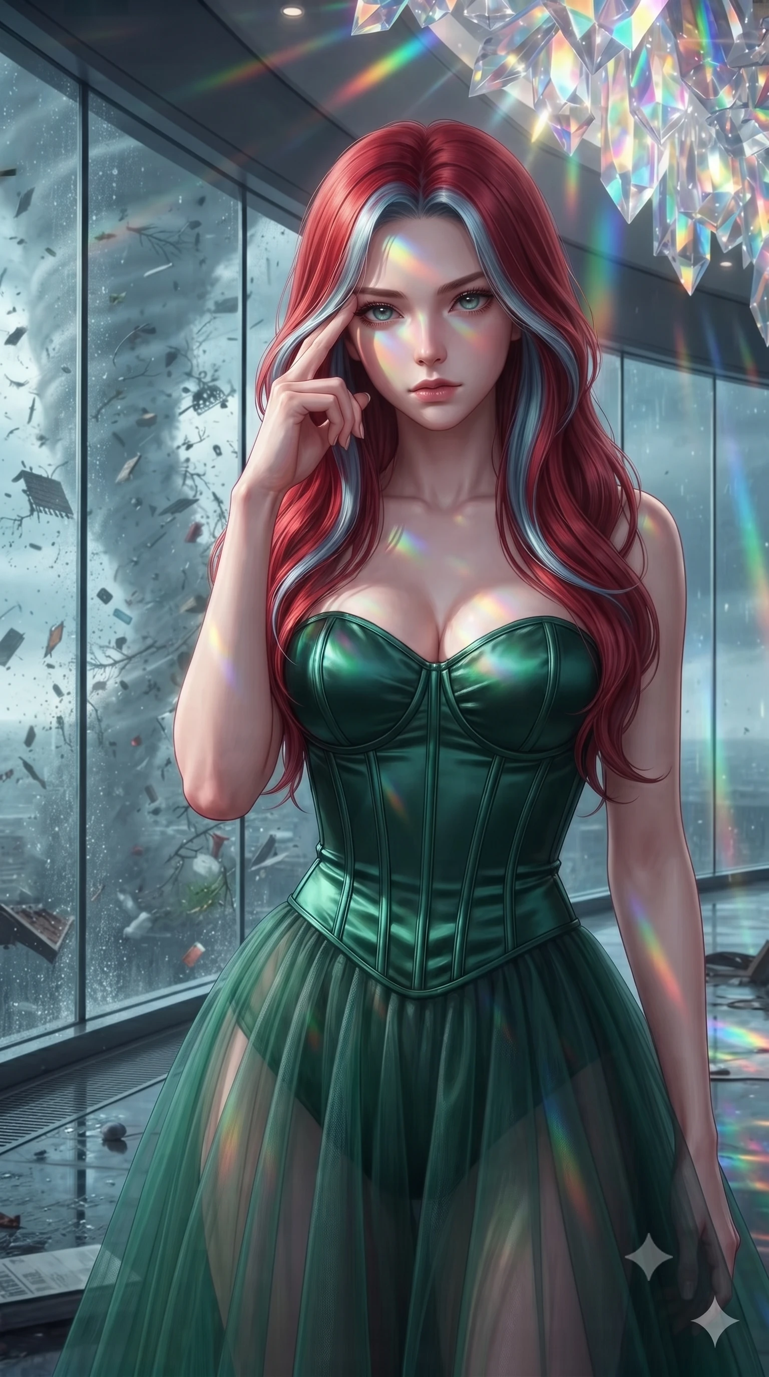 score_9, masterpiece, best quality, ultra-detailed, high-budget anime keyframe, editorial fashion photography, tasteful artistic composition, Caucasian woman, strictly human ears. close-up cowboy shot from the waist and thighs up, the character dominates the composition, filling the frame with her large presence, background elements kept in soft focus. Pressing two fingers to her temple in a composed thoughtful gesture. set against a soft-focus background of inside a reinforced glass observation tower as a massive tornado passes dangerously close debris spiraling in the visible vortex funnel wall of the twister mere meters from the shaking glass walls. She has an exceptionally elegant and slender, willowy female figure with an ultra-slim waist, a gracefully sculpted slender torso, and a refined slim physique. sharp v-shaped jawline, high-bridge nose, intricate jewel-like eyes with depth, thick eyelashes, glossy lips with a natural sheen. wearing a corset-topped gown with visible structured boning in emerald green satin, paired with a floor-length sheer tulle skirt. cascading rainbow prismatic light refracting through crystal formations overhead. 2k, ultra detail, master piece, 9:16 ratio
