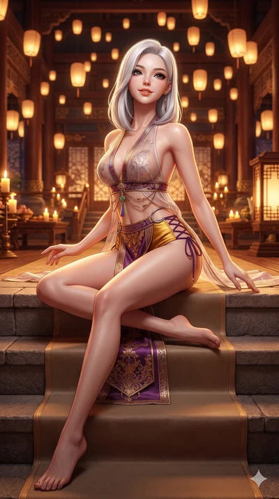 Korean woman. low angle full-body shot from head to toe showing her feet, fil.