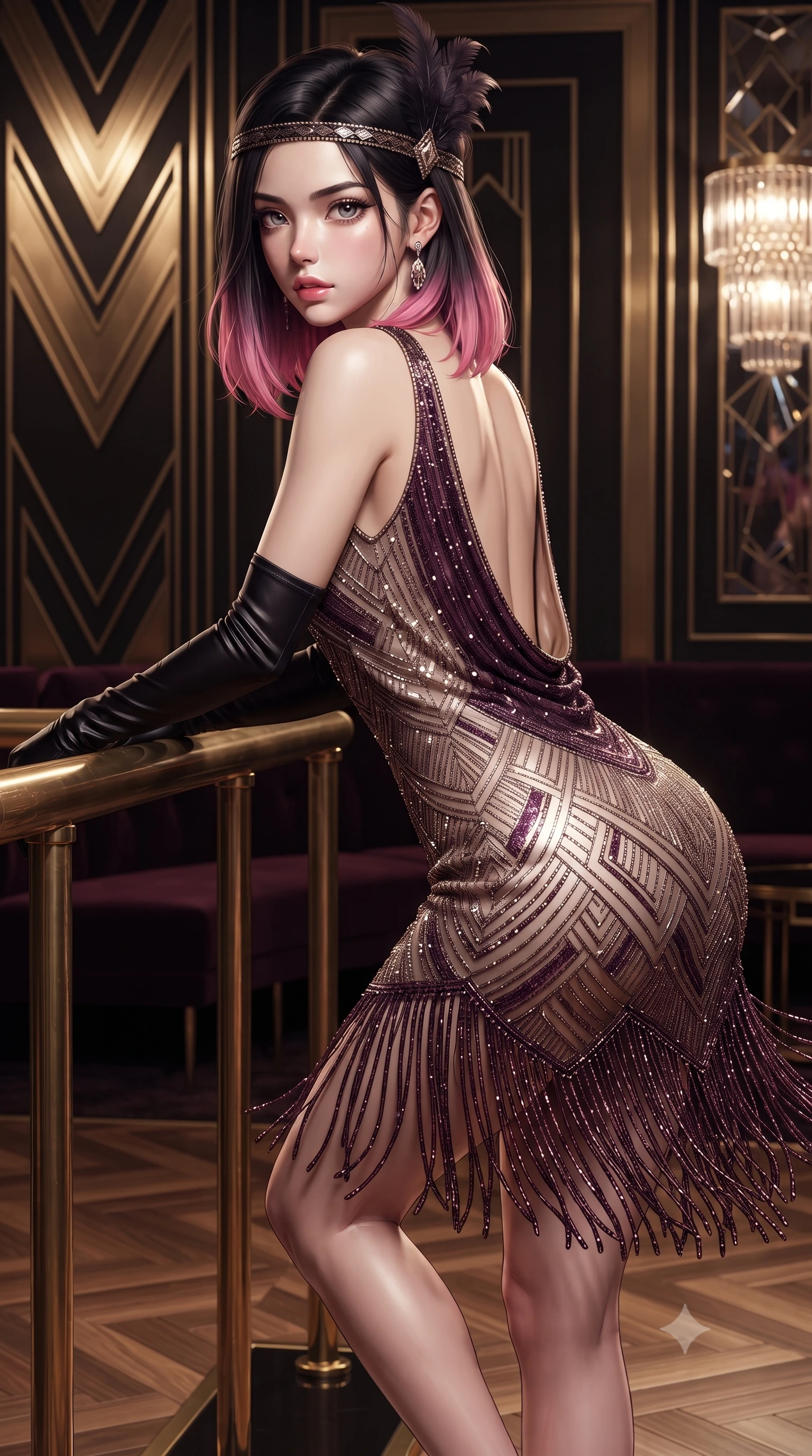 score_9, masterpiece, best quality, ultra-detailed, high-budget anime keyframe, editorial fashion photography, tasteful artistic composition, Korean woman. close-up cowboy shot from the waist and thighs up, the character dominates the composition, filling the frame with her large presence. leaning forward against the polished railing with her hips cocked back, creating an intoxicating curve from her narrow waist to sculpted hips as she gazes back into the lens while twirling dynamically on the polished parquet dance floor, fringes of her dress fluttering around her curvy hips. The surrounding environment is rendered in vivid detail and crisp panoramic clarity. sharp geometric brass chevron wall moldings, crystal glass facets, and velvet fabric pile in deep focus. She has an exceptionally elegant, slender, and willowy female figure with an ultra-slim waist, a gracefully sculpted slender torso, toned flat midriff, and rounded feminine hips creating an alluring hourglass silhouette. sharp v-shaped jawline, high-bridge nose, intricate jewel-like eyes with depth, thick eyelashes, glossy parted lips with a natural sheen, intensely captivating and seductive bedroom-eyes expression, flawlessly proportioned anatomical accuracy, strict slender model proportions, natural body alignment, perfectly sculpted long slender limbs, ultra-slim waistline, clean dynamic posture without body distortion. wearing a beaded champagne slip dress with an ultra-deep cowl back descending to her waistline in deep plum violet and antique bronze, formed from shimmering geometric Art Deco beadwork over fluid silk lining, accessorized with opera-length black satin gloves and a feathered art deco headband, the form-contouring material adhering flawlessly to her sculpted flat midriff and slender torso, emphasizing her long leg lines and perfectly proportioned willowy build. surrounded by an opulent, scandalous, and irresistibly intoxicating jazz-age siren aura. ultra-reflective glossy finish, specular highlights, rich textural contrasts, high-contrast stereoscopic depth, volumetric dynamic lighting, 2k, ultra detail, master piece, 9:16 ratio