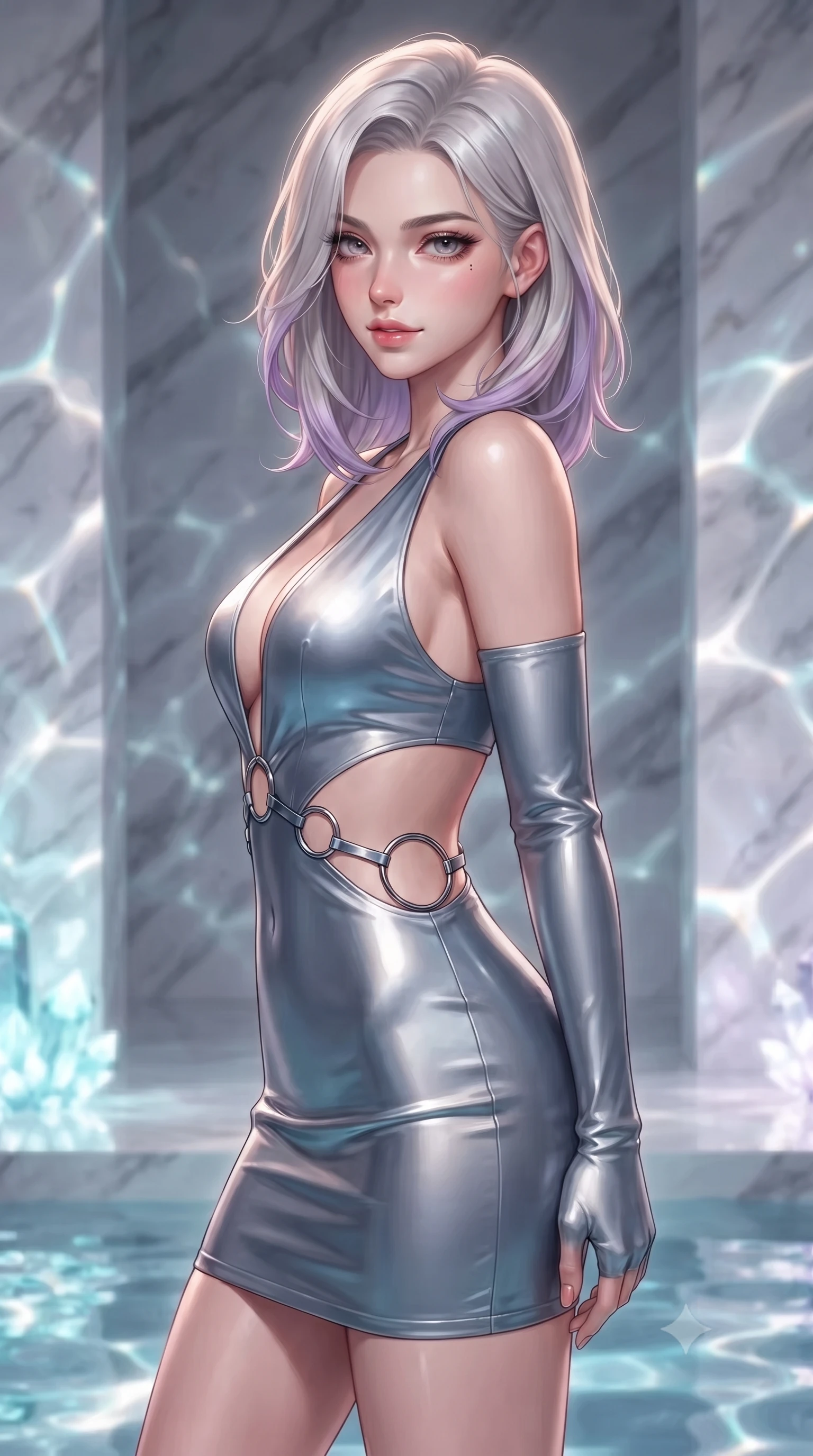score_9, masterpiece, best quality, ultra-detailed, high-budget anime keyframe, editorial fashion photography, tasteful artistic composition, Caucasian woman. close-up cowboy shot from the waist and thighs up, the character dominates the composition, filling the frame with her large presence, background elements kept in soft focus. Glancing sidelong over her shoulder with a smoldering half-smile and heavy lashes standing beside a pearl archive sanctuary filled with glowing sea crystals, shimmering water reflections dancing dynamically across the marble walls. She has an exceptionally elegant, slender, and willowy female figure with an ultra-slim waist, a gracefully sculpted slender torso, and a refined silhouette. sharp v-shaped jawline, high-bridge nose, intricate jewel-like eyes with depth, thick eyelashes, glossy lips with a natural sheen. wearing a liquid mercury gloss mini dress with ultra-deep V-neck and waist cutouts in slate blue and metallic silver, crafted from smooth liquid silk, accented with delicate chrome ring hardware framing her waist, the glove-like fit emphasizing her statuesque silhouette. surrounded by a shimmering ocean aura with bright pearl-white rim lights. highly saturated vibrant anime colors, detailed shading with soft gradients, rich glossy textures, high-contrast stereoscopic depth, volumetric dynamic lighting, master piece, 9:16 ratio