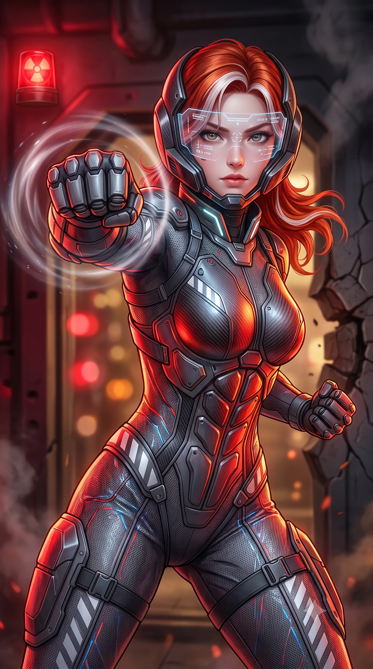score_9, masterpiece, best quality, ultra-detailed, high-budget anime keyframe, semi-realistic 3D game render, editorial fashion photography, tasteful artistic composition, Caucasian woman. close-up cowboy shot from the waist and thighs up, the character dominates the composition, filling the frame with her large presence. thrusting a high-speed kinetic punch toward the camera, a visible conical shockwave distortion wrapping around her armored forearm while breaching the blast doors of a fortified underground bunker as pulsating red radioactive hazard beacons wash over her sculpted cuirass. The composition keeps background elements in soft focus with creamy bokeh. pulsing red hazard beacons and drifting industrial steam plumes blurred into fiery crimson, amber, and charcoal bokeh. She has an exceptionally elegant, slender, and willowy female figure with an ultra-slim waist, a gracefully sculpted slender torso, toned flat midriff, and a refined slim silhouette. sharp v-shaped jawline, high-bridge nose, intricate jewel-like eyes with depth, thick eyelashes, glossy lips with a natural sheen, fierce and resolute heroine expression, flawlessly proportioned anatomical accuracy, strict slender model proportions, natural body alignment, perfectly sculpted long slender limbs, ultra-slim waistline, clean dynamic posture without body distortion. wearing an open-face aerodynamic carbon-fiber combat helmet with a retracted transparent holographic HUD visor framing her sharp jawline and jewel-like eyes, paired with a tailored tactical combat jumpsuit with an open-back harness design, reinforced composite breastplate, and high-mobility elbow dampers in storm-grey carbon mesh with high-contrast white hazard stripes, crafted from semi-translucent cybernetic carbon-vinyl interwoven with glowing micro-filaments, featuring a sleek aerodynamic collar framed by subtle glowing cybernetic status LEDs, the form-contouring material adhering flawlessly to her sculpted flat midriff and slender torso, emphasizing her long leg lines and perfectly proportioned willowy build. illuminated by sharp specular highlights tracing her ultra-slim waist, long legs, and sculpted armor plates. rich saturated anime colors with glowing neon highlights, detailed shading with soft gradients, rich glossy textures, high-contrast stereoscopic depth, volumetric dynamic lighting, master piece, 9:16 ratio
