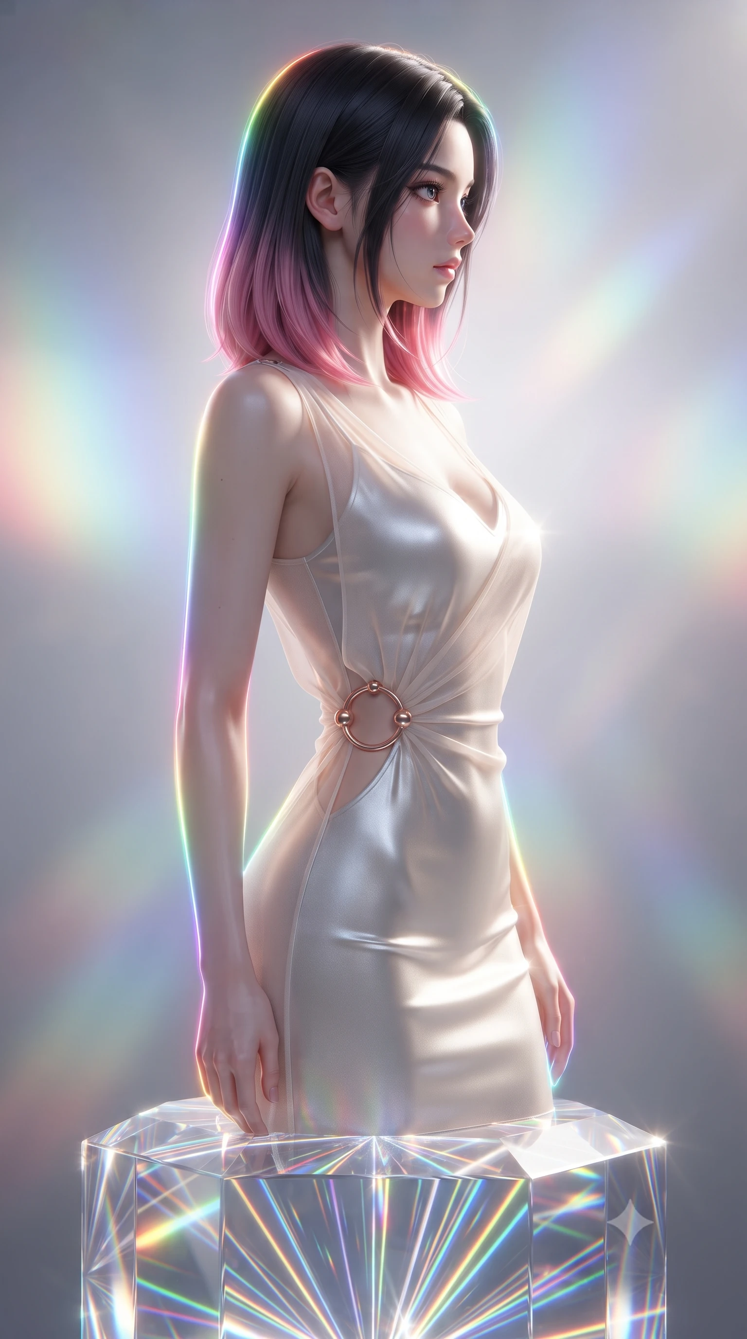 score_9, masterpiece, best quality, ultra-detailed, high-budget anime keyframe, editorial fashion photography, tasteful artistic composition, Korean woman. close-up cowboy shot from the waist and thighs up, the character dominates the composition, filling the frame with her large presence, background elements kept in soft focus. Turning her face in sharp dramatic profile against the radiant light, poised on a crystalline pedestal reflecting infinite rainbow light trails, razor-sharp rainbow light lines tracing her silhouette contours. She has an exceptionally elegant, slender, and willowy female figure with an ultra-slim waist, a gracefully sculpted slender torso, and a refined silhouette. sharp v-shaped jawline, high-bridge nose, intricate jewel-like eyes with depth, thick eyelashes, glossy lips with a natural sheen. wearing form-contouring liquid silver jersey long slip dress in glowing ivory, made of sheer opal chiffon overlay, trimmed with rose-gold ring hardware along the waist contours, the fitted fabric emphasizing her ultra-slim waist. illuminated by brilliant multi-color rainbow light refracting through diamond facets. ultra-reflective glossy finish, specular highlights, metallic sheen, high-contrast stereoscopic depth, volumetric dynamic lighting, 2k, ultra detail, master piece, 9:16 ratio