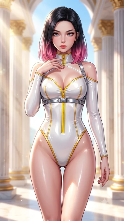 score_9, masterpiece, best quality, ultra-detailed, high-budget anime keyframe, semi-realistic 3D game render, editorial fashion photography, tasteful artistic composition, Korean woman. close-up cowboy shot from the waist and thighs up, the characte