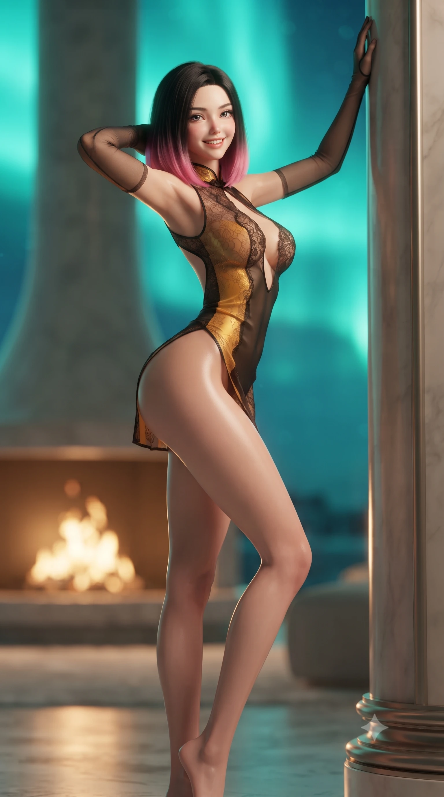 score_9, masterpiece, best quality, ultra-detailed, high-budget anime keyframe, editorial fashion photography, tasteful artistic composition, Korean woman. low angle full-body shot from head to toe showing her feet, filling the entire 9:16 vertical frame with her statuesque presence, stretching her vertical silhouette. standing tall beside the architectural column, one hand resting high while arching her lower back to emphasize her sculpted feminine hips and slender waist while lounging in the round cashmere-upholstered bed propped on one elbow, her statuesque 8.5-heads silhouette commanding the Arctic sky. The background shows a soft-focus flickering ethanol fireplace flames softened in Arctic luxury dome sanctuary shallow focus. She has an exceptionally tall and slender model-like 8.5-heads proportion, an ultra-slim waist, a flat toned midriff, narrow delicate ribcage, and beautifully sculpted feminine hips creating a graceful, slim hourglass silhouette without any bulky heaviness, with impossibly long slender legs. sharp v-shaped jawline, high-bridge nose, intricate jewel-like sparkling eyes with depth, thick eyelashes, glossy parted lips with a natural peach sheen, bright cheerful beaming smile with an enchanting and coquettish sensual glint, exuding both youthful cute charm and seductive allure, flawlessly proportioned anatomical accuracy, strict slender model proportions, natural body alignment, perfectly sculpted long slender limbs, ultra-slim waistline, clean dynamic posture without body distortion. wearing a delicate sheer Chantilly lace cheongsam teddy with open mandarin collar and deep keyhole back in Hakone steaming sulfur amber and volcanic basalt black, crafted from fluid liquid silk satin that clings smoothly to her narrow waist and rounded hips with a dewy sheen, complemented by sheer opera-length evening gloves tracing her slender arms, the second-skin tailored fabric adhering flawlessly to her sculpted flat midriff and slender torso, emphasizing her long leg lines and perfectly proportioned willowy build. bathed in the ethereal 5000K emerald-cyan luminescence of the Northern Lights mixed with warm 2200K interior hearth glows. ultra-reflective glossy finish, specular highlights, rich textural contrasts, high-contrast stereoscopic depth, volumetric dynamic lighting, 2k, ultra detail, master piece, 9:16 ratio