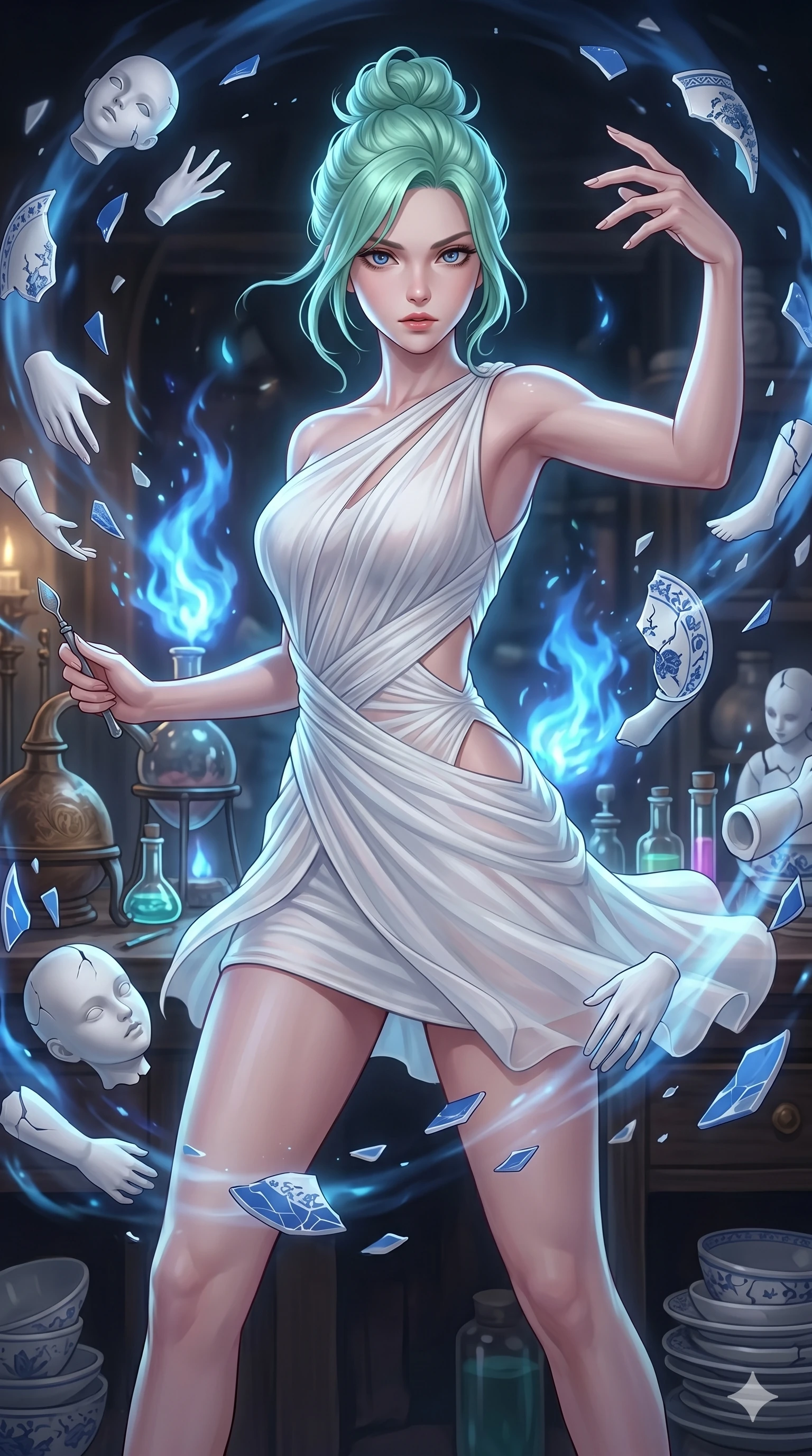 score_9, masterpiece, best quality, ultra-detailed, high-budget anime keyframe, Korean woman. upper body close-up from the thighs up, character filling the screen for maximum presence. assisting in an alchemical porcelain workshop where floating white bisque doll parts and blue porcelain shards swirl amidst blue alchemical flames. She has an absolutely perfect 8-heads proportion, an exceptionally tall and slender female figure with impossibly long slender legs and an ultra-slim waist. V-shaped jawline, high-bridge nose, intricate jewel-like eyes with depth, thick eyelashes, glossy lips with a natural sheen.. wearing an asymmetric chiffon draped couture mini dress, featuring draped white chiffon fabric twisting around her body with elegant diamond cutouts on the waist. lit by a soft glowing ambient light and a sharp side key light that traces the sleek contours of her athletic build. 2k, ultra detail, master piece, 9:16 ratio