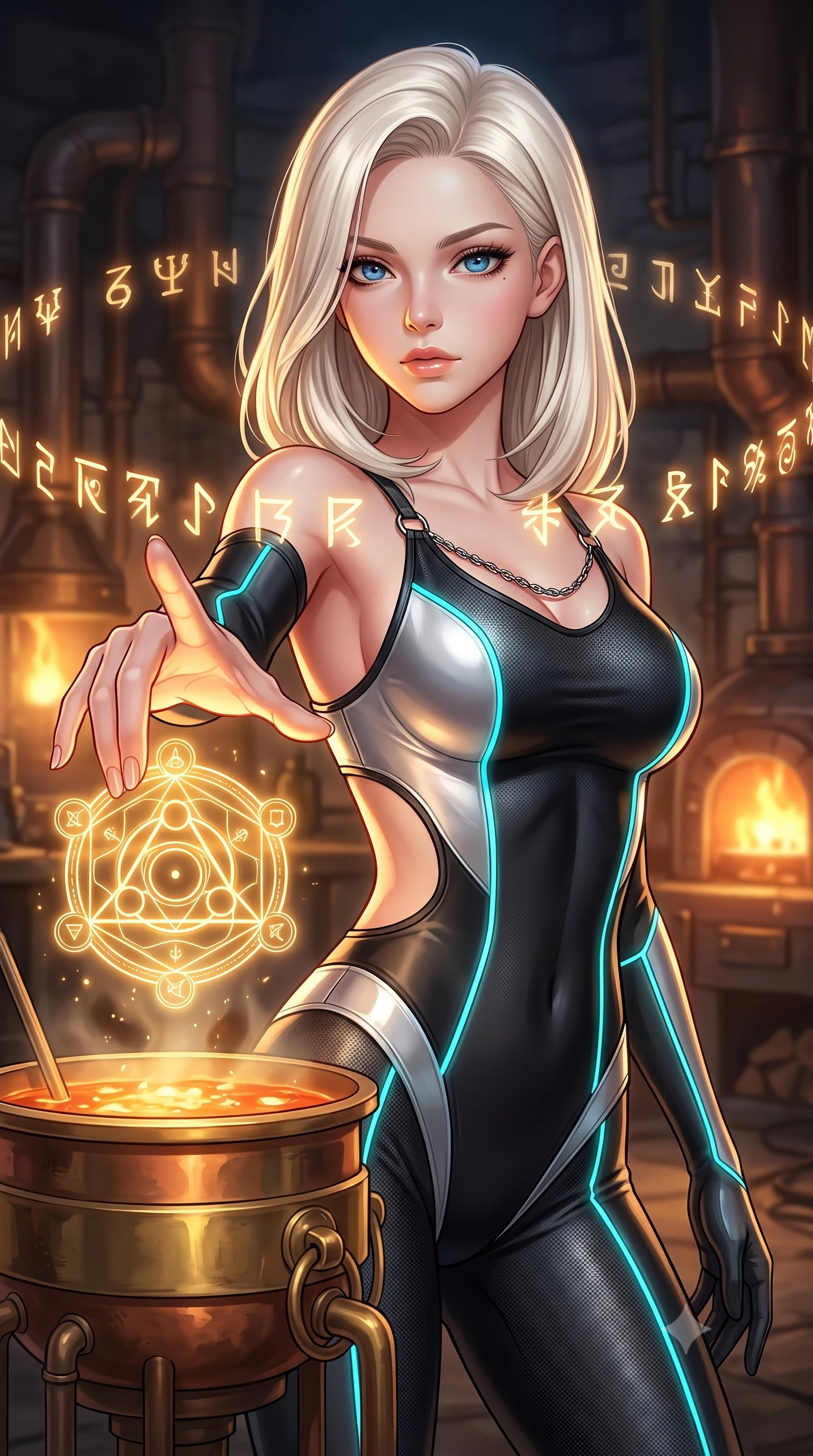 score_9, masterpiece, best quality, ultra-detailed, high-budget anime keyframe, editorial fashion photography, tasteful artistic composition, Caucasian woman. close-up cowboy shot from the waist and thighs up, the character dominates the composition, filling the frame with her large presence, background elements kept in soft focus. Reaching her hand gracefully toward the camera with magnetic allure, her torso turning in a dynamic S-curve alignment while reaching her hand forward to touch a glowing golden alchemy symbol floating over a crucible, glowing alchemy runes hovering in mid-air, casting golden light on her face. She has an exceptionally elegant, slender, and willowy female figure with an ultra-slim waist, a gracefully sculpted slender torso, and a refined silhouette. sharp v-shaped jawline, high-bridge nose, intricate jewel-like eyes with depth, thick eyelashes, glossy lips with a natural sheen, flawlessly proportioned anatomical accuracy, natural body alignment, perfectly sculpted elegant limbs, clean dynamic posture without body distortion. wearing a skin-tight cybernetic bodysuit with glowing neon seams and side cutouts in matte black and polished silver, made of fine carbon-fiber weave and soft matte leather, adorned with delicate metallic chain straps along the neckline, the glove-like fit emphasizing her statuesque silhouette during motion. surrounded by a warm, powerful industrial alchemy atmosphere. highly saturated vibrant anime colors, detailed shading with soft gradients, rich glossy textures, high-contrast stereoscopic depth, volumetric dynamic lighting, master piece, 9:16 ratio