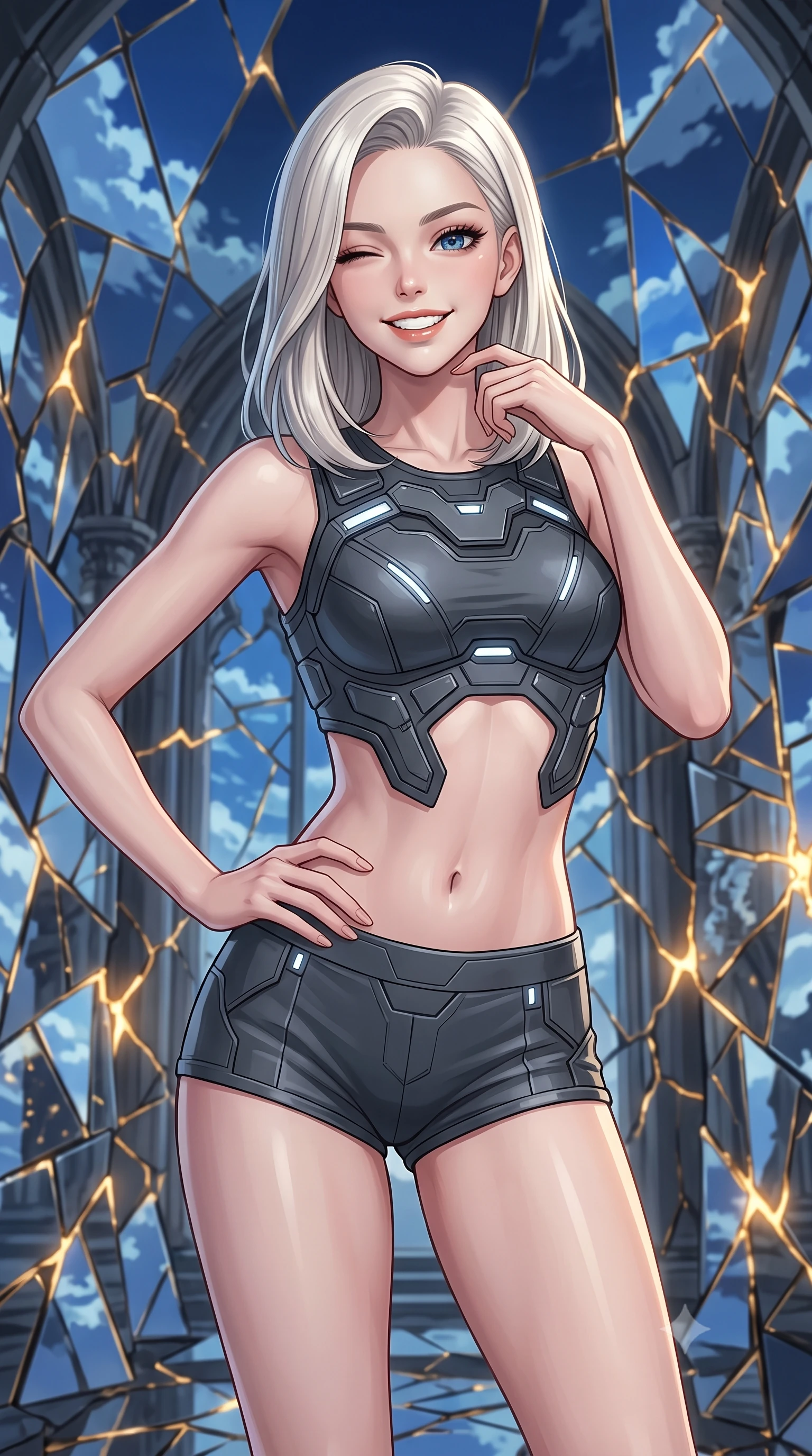 score_9, masterpiece, best quality, ultra-detailed, high-budget anime keyframe, editorial fashion photography, tasteful artistic composition, Caucasian woman, strictly human ears. close-up cowboy shot from the waist and thighs up, the character dominates the composition, filling the frame with her large presence, background elements kept in soft focus. Winking playfully with a cheerful grin and a lighthearted expression. set against a soft-focus background of standing inside an ancient Gothic ruin where the walls are made of shattered mirror shards, reflecting fragmented pieces of a deep blue sky. She has an exceptionally elegant, slender, and willowy female figure with a highly-defined ultra-slim waist, a gracefully sculpted slender torso, and a refined slim-fit silhouette that contours her form. sharp v-shaped jawline, high-bridge nose, intricate jewel-like eyes with depth, thick eyelashes, glossy lips with a natural sheen. wearing a cyber-tactical crop top in dark grey with a waist cutout, paired with matching high-cut shorts. glowing kintsugi gold light radiating from cracks in the environment creating a majestic inner glow. 2k, ultra detail, master piece, 9:16 ratio