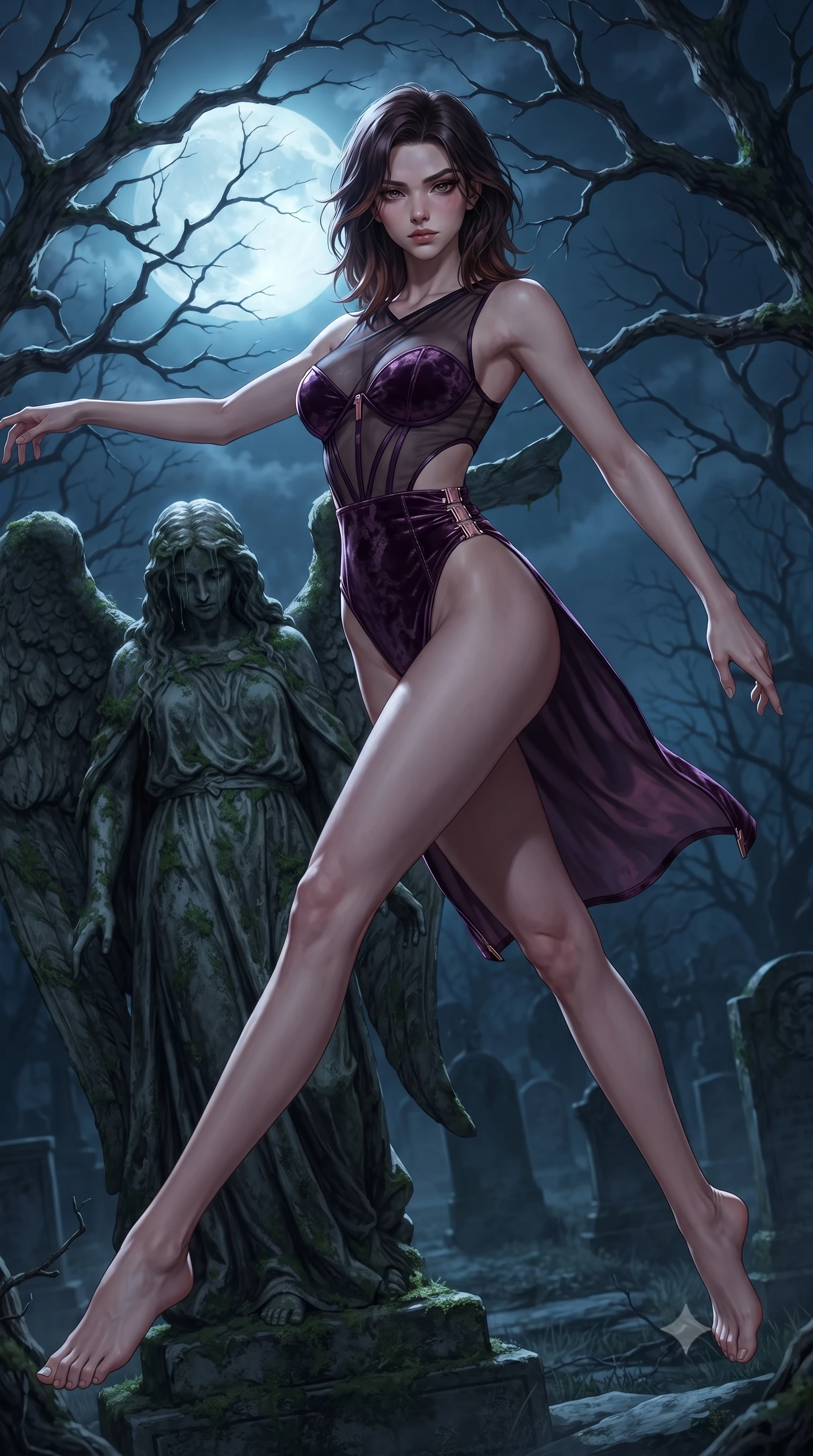 score_9, masterpiece, best quality, ultra-detailed, high-budget anime keyframe, editorial fashion photography, tasteful artistic composition, Korean woman. low angle full-body shot from head to toe showing her feet, filling the entire 9:16 vertical frame with her statuesque presence, stretching her vertical silhouette. performing an alluring mid-air vault with flawless poise, looking directly into the camera with smoldering, predatory intensity while pivoting dynamically beside an ancient weeping angel statue as moonlight filters through bare gnarled tree branches. The surrounding environment is rendered in vivid detail and crisp panoramic clarity. vibrant contrast between eerie pale moonlight and deep nocturnal shadows in panoramic precision. She has an absolutely perfect, statuesque 8.5-heads proportion, an exceptionally tall and slender model-like female figure with impossibly long slender legs, a toned flat midriff, and an ultra-slim waist. sharp v-shaped jawline, high-bridge nose, intricate jewel-like eyes with depth, thick eyelashes, glossy lips with a natural sheen, flawlessly proportioned anatomical accuracy, strict slender model proportions, natural body alignment, perfectly sculpted long slender limbs, ultra-slim waistline, clean dynamic posture without body distortion. wearing a high-cut translucent dark mesh leotard with cup boning, strategic side-waist cutouts, and a deep crossover neckline in deep velvet violet and rose-gold metallic clasps, made of rich crushed velvet that catches deep directional light with soft gradients, finished with an ultra-high side slit secured by miniature magnetic clasps, the form-contouring material adhering flawlessly to her sculpted flat midriff and slender torso, emphasizing her long leg lines and perfectly proportioned willowy build. surrounded by a haunting, ethereal, and irresistibly seductive nocturnal siren aura. ultra-reflective glossy finish, specular highlights, dark metallic sheen, deep chiaroscuro contrast, volumetric dynamic shadow lighting, 2k, ultra detail, master piece, 9:16 ratio