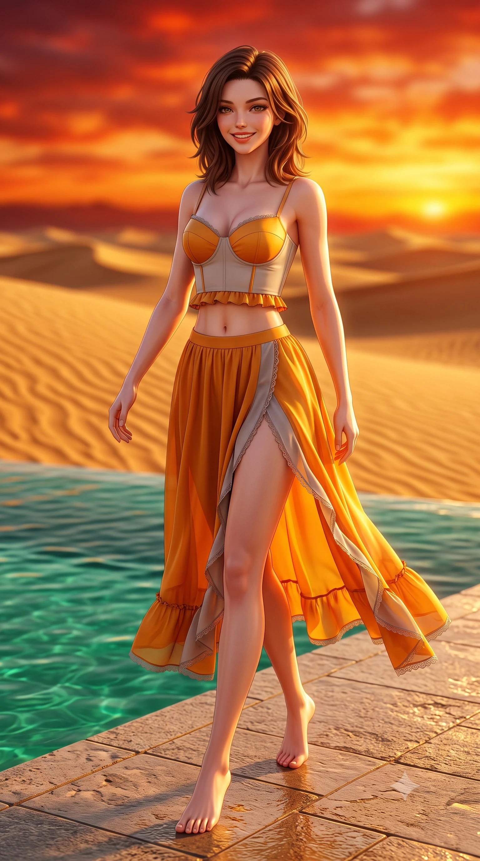 score_9, masterpiece, best quality, ultra-detailed, high-budget anime keyframe, semi-realistic 3D game render, editorial fashion photography, tasteful artistic composition, Korean woman. low angle full-body shot from head to toe showing her feet, filling the entire 9:16 vertical frame with her statuesque presence, stretching her vertical silhouette. stepping forward gracefully across the terrace in mid-motion with a radiant beaming smile, hips swaying in an alluring kinetic rhythm that accentuates her curvy hourglass silhouette and long slender legs while standing on the edge of the desert infinity pool where emerald water meets endless golden sand dunes, arching her spine with sovereign majesty. The composition keeps background elements in soft focus with dreamy creamy bokeh. rippling golden sand dunes stretching to infinity beneath a fiery crimson sunset sky blurred into deep copper, carmine, and gold bokeh. She has an exceptionally tall and slender model-like 8.5-heads proportion, an ultra-slim waist, a flat toned midriff, narrow delicate ribcage, and beautifully sculpted feminine hips creating a graceful, slim hourglass silhouette without any bulky heaviness, with impossibly long slender legs. sharp v-shaped jawline, high-bridge nose, sparkling amber-hazel eyes with depth, long lush eyelashes, glossy sun-kissed lips with a warm coral glaze, radiant teasing smile with sensual sunlit bedroom-eyes, exuding effortless old-money elegance and intoxicating sun-drenched allure, flawlessly proportioned anatomical accuracy, strict slender model proportions, natural body alignment, perfectly sculpted long slender limbs, ultra-slim waistline, clean dynamic posture without body distortion. wearing a flowing high-slit silk chiffon resort skirt paired with an architectural bustier top framing her flat midriff in rich saffron amber and soft dove grey, tailored from airy semi-sheer chiffon that flutters gently in the evening breeze, finished with subtle ruffle trims and delicate scallop lace edging, the liquid-tight tailored fabric clinging flawlessly to her narrow waist and rounded feminine hips, emphasizing every millimeter of her sculpted slim hourglass curves without any bulky heaviness. bathed in the intense molten-crimson and gold of the desert horizon sunset. highly saturated vibrant anime colors, detailed shading with soft gradients, rich glossy textures, high-contrast stereoscopic depth, volumetric dynamic lighting, master piece, 9:16 ratio