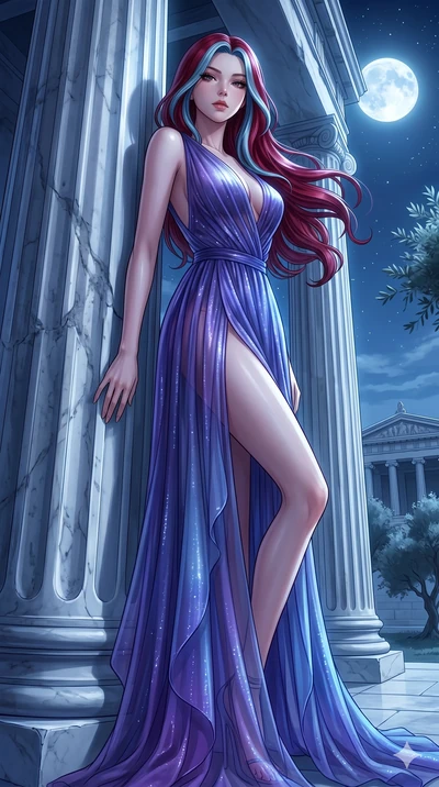 score_9, masterpiece, best quality, ultra-detailed, High-budget Anime Keyframe, East Asian woman. Low angle cowboy shot filling the entire 9:16 frame with her statuesque presence. Scenario 103: Leaning against a cold marble pillar in a moonlit greek 
