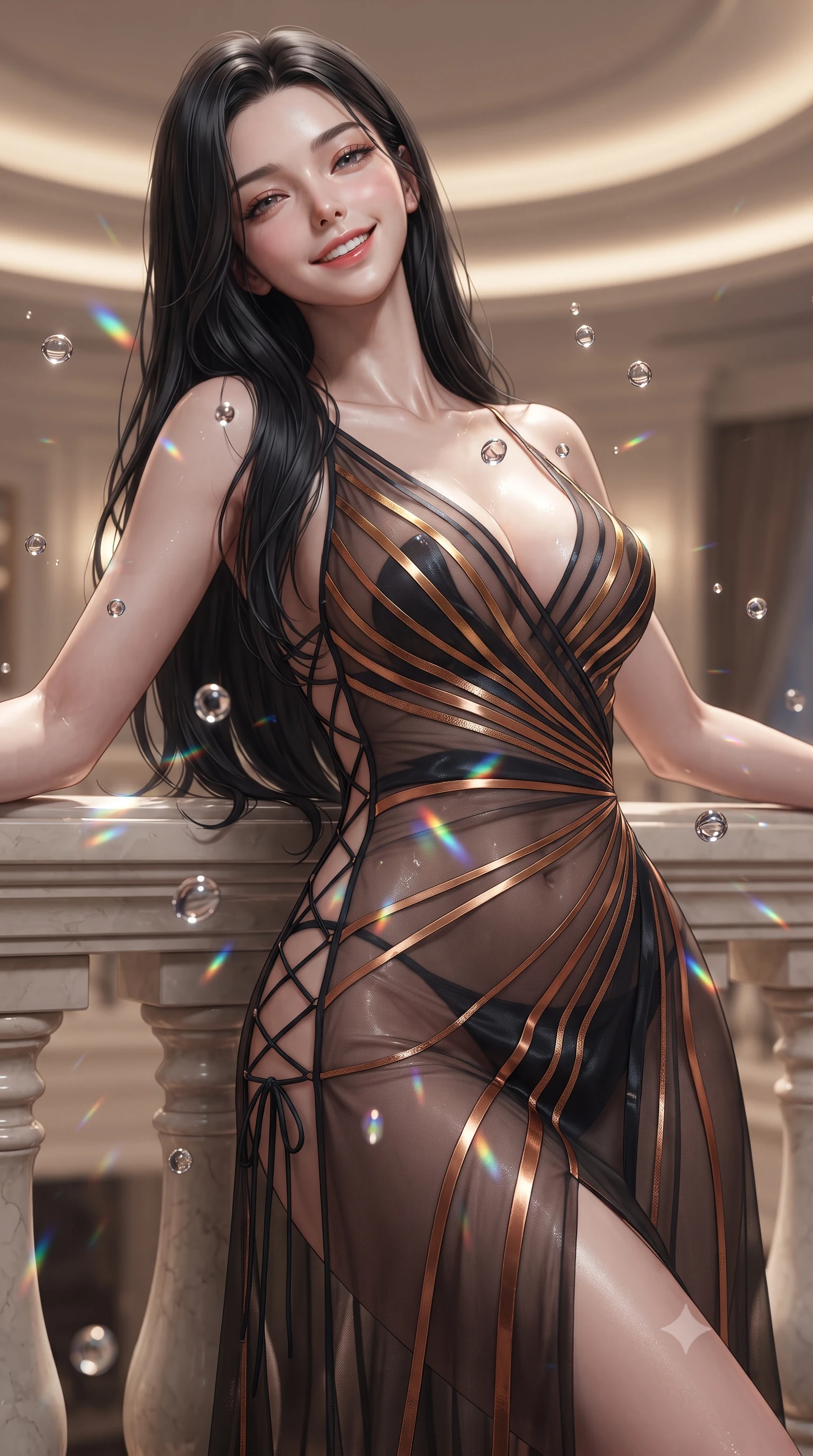 score_9, masterpiece, best quality, ultra-detailed, high-budget anime keyframe, editorial fashion photography, tasteful artistic composition, Korean woman. close-up cowboy shot from the waist and thighs up, the character dominates the composition, filling the frame with her large presence. leaning back against the balustrade with relaxed seductive grace, head tilted back slightly while casting a hypnotic, heavy-lidded gaze while twisting her slender torso in an alluring contrapposto stance, suspended water orbs casting prismatic liquid flares across her flat midriff and hips. The background shows a soft-focus soft ambient cove LEDs softened in advanced gravity-defying suite shallow focus. She has an exceptionally elegant, slender, and willowy female figure with an ultra-slim waist, flat toned midriff, narrow ribcage, and sculpted feminine hips creating an alluring, slim hourglass silhouette without bulk. sharp v-shaped jawline, high-bridge nose, intricate jewel-like sparkling eyes with depth, thick eyelashes, glossy parted lips with a natural peach sheen, bright cheerful beaming smile with an enchanting and coquettish sensual glint, exuding both youthful cute charm and seductive allure, flawlessly proportioned anatomical accuracy, strict slender model proportions, natural body alignment, perfectly sculpted long slender limbs, ultra-slim waistline, clean dynamic posture without body distortion. wearing a plunge-front sheer illusion tulle slip dress with liquid gold ribbon stripes hugging her curves in Lofoten midnight obsidian and warm hearth copper, crafted from fluid liquid silk satin that clings smoothly to her narrow waist and rounded hips with a dewy sheen, featuring fine criss-cross lace-up side ties revealing tantalizing glimpses of her hip curve, the precision-cut side openings and low-back scoop framing her graceful spine and the sensual sweep of her slim, toned hips. illuminated by liquid refraction bounce and sharp electric-cyan rim lights defining her razor-sharp jawline, narrow waist, and curvy hips. ultra-reflective glossy finish, specular highlights, rich textural contrasts, high-contrast stereoscopic depth, volumetric dynamic lighting, 2k, ultra detail, master piece, 9:16 ratio
