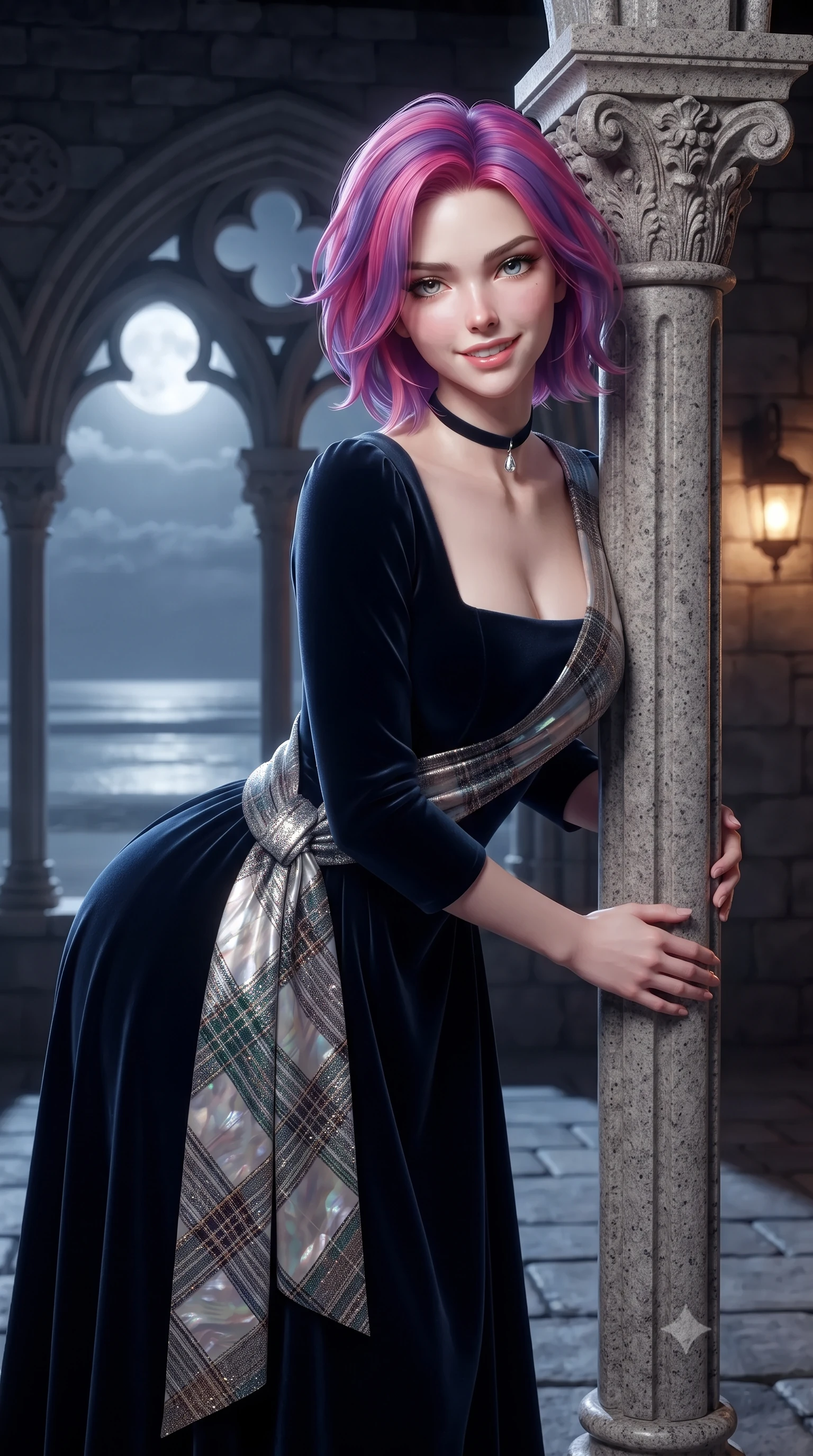score_9, masterpiece, best quality, ultra-detailed, high-budget anime keyframe, editorial fashion photography, tasteful artistic composition, Caucasian woman. close-up cowboy shot from the waist and thighs up, the character dominates the composition, filling the frame with her large presence. leaning forward while arching her lower back to accentuate her curvy hips, looking into the camera with an intoxicating smoldering gaze and bedroom-eyes while leaning against the slender double-fluted granite column with hips cocked back, looking through open carved trefoil arches with smoldering bedroom-eyes. The surrounding environment is rendered in vivid detail and crisp panoramic clarity: sharp hand-carved Norman granite column capitals, delicate stone spandrel rosettes, and ancient stone paver joints in deep focus. She has an exceptionally elegant, slender, and willowy female figure with an ultra-slim waist, flat toned midriff, narrow ribcage, and sculpted feminine hips creating an alluring, slim hourglass silhouette without bulk. sharp v-shaped jawline, high-bridge nose, intricate jewel-like sparkling eyes with depth, thick eyelashes, glossy parted lips with a natural peach sheen, bright cheerful beaming smile with an enchanting and coquettish sensual glint, exuding both youthful cute charm and seductive allure, flawlessly proportioned anatomical accuracy, strict slender model proportions, natural body alignment, perfectly sculpted long slender limbs, ultra-slim waistline, clean dynamic posture without body distortion. wearing a classical Scottish Victorian velvet evening gown with modest square neckline and tartan sash in iridescent mother-of-pearl and liquid molten silver, woven from structured British tweed with subtle metallic flecks, finished with a thin velvet ribbon choker and a single teardrop diamond pendant, the bespoke structured tailoring following the natural line of her 8.5-heads silhouette with refined elegance. bathed in the mystical silver 5200K illumination of the full moon reflected across tidal sands mixed with soft amber cloister lanterns. ultra-reflective glossy finish, specular highlights, rich textural contrasts, high-contrast stereoscopic depth, volumetric dynamic lighting, 2k, ultra detail, master piece, 9:16 ratio