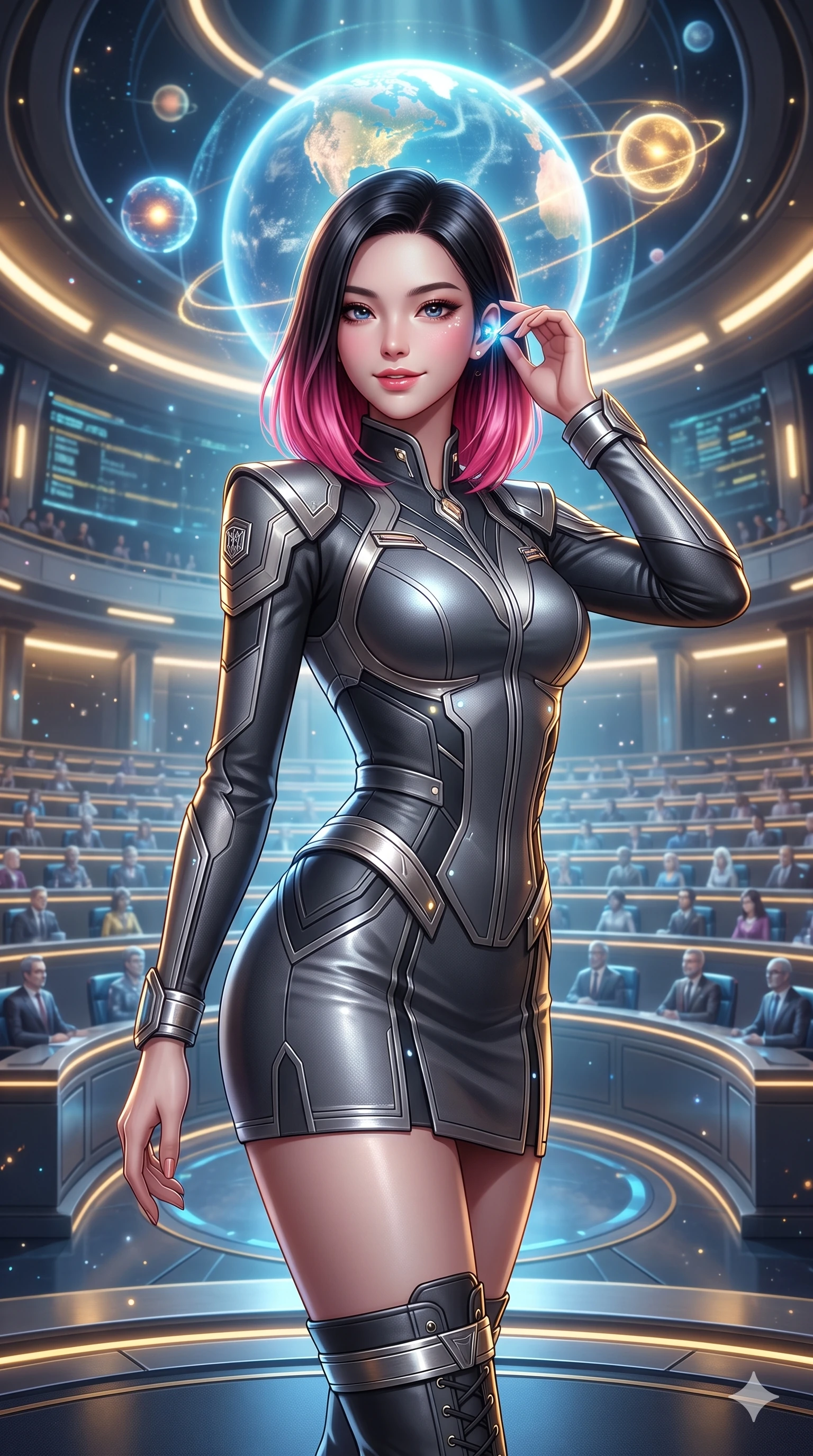score_9, masterpiece, best quality, ultra-detailed, high-budget anime keyframe, semi-realistic 3D game render, editorial fashion photography, tasteful artistic composition, Korean woman. close-up cowboy shot from the waist and thighs up, the character dominates the composition, filling the frame with her large presence. arching her spine with dancer poise, one hand adjusting her ear comm-link in a flirtatious S-curve with parted glossy lips while standing in the center of the semicircular amphitheater beneath a colossal floating planetary matrix, arching her spine with sovereign authority as hundreds of holographic diplomatic delegations surround her. The background shows a soft-focus colossal floating holographic rotating planetary spheres, multi-tiered semicircular council seating rows, and recessed lighting strips softened in prestigious sci-fi senate shallow focus. She has an exceptionally elegant, slender, and willowy female figure with an ultra-slim waist, flat toned midriff, narrow ribcage, and sculpted feminine hips creating an alluring, slim hourglass silhouette without bulk. sharp v-shaped jawline, high-bridge nose, intricate jewel-like sparkling eyes with depth, thick eyelashes, glossy parted lips with a natural sheen, bright confident smile with an enchanting and coquettish sensual glint, exuding both youthful magnetic charm and sovereign high-tech allure, flawlessly proportioned anatomical accuracy, strict slender model proportions, natural body alignment, perfectly sculpted long slender limbs, ultra-slim waistline, clean dynamic posture without body distortion. wearing a bespoke orbital diplomatic uniform with structured geometric epaulets and a tailored waistline in metallic graphite and starlight platinum, tailored from brushed aeronautical titanium alloy with matte satin sheen, complemented by strappy stiletto combat boots with metallic ankle wraps accentuating her slender calves, the bespoke structured tailoring following the natural line of her 8.5-heads silhouette with refined elegance. bathed in the majestic, balanced ambient glow of floating holographic worlds mixed with dramatic overhead parliamentary spotlights. highly saturated vibrant anime colors, detailed shading with soft gradients, rich glossy textures, high-contrast stereoscopic depth, volumetric dynamic lighting, master piece, 9:16 ratio